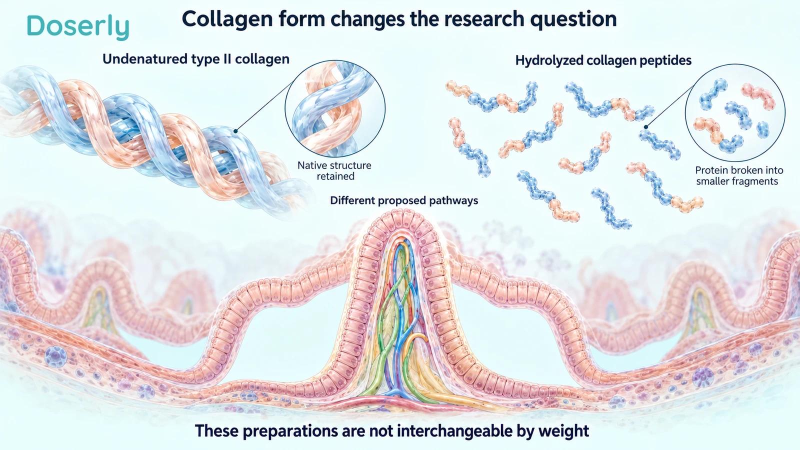 An intact conceptual collagen helix and smaller peptide fragments sit above an illustrated intestinal lining.