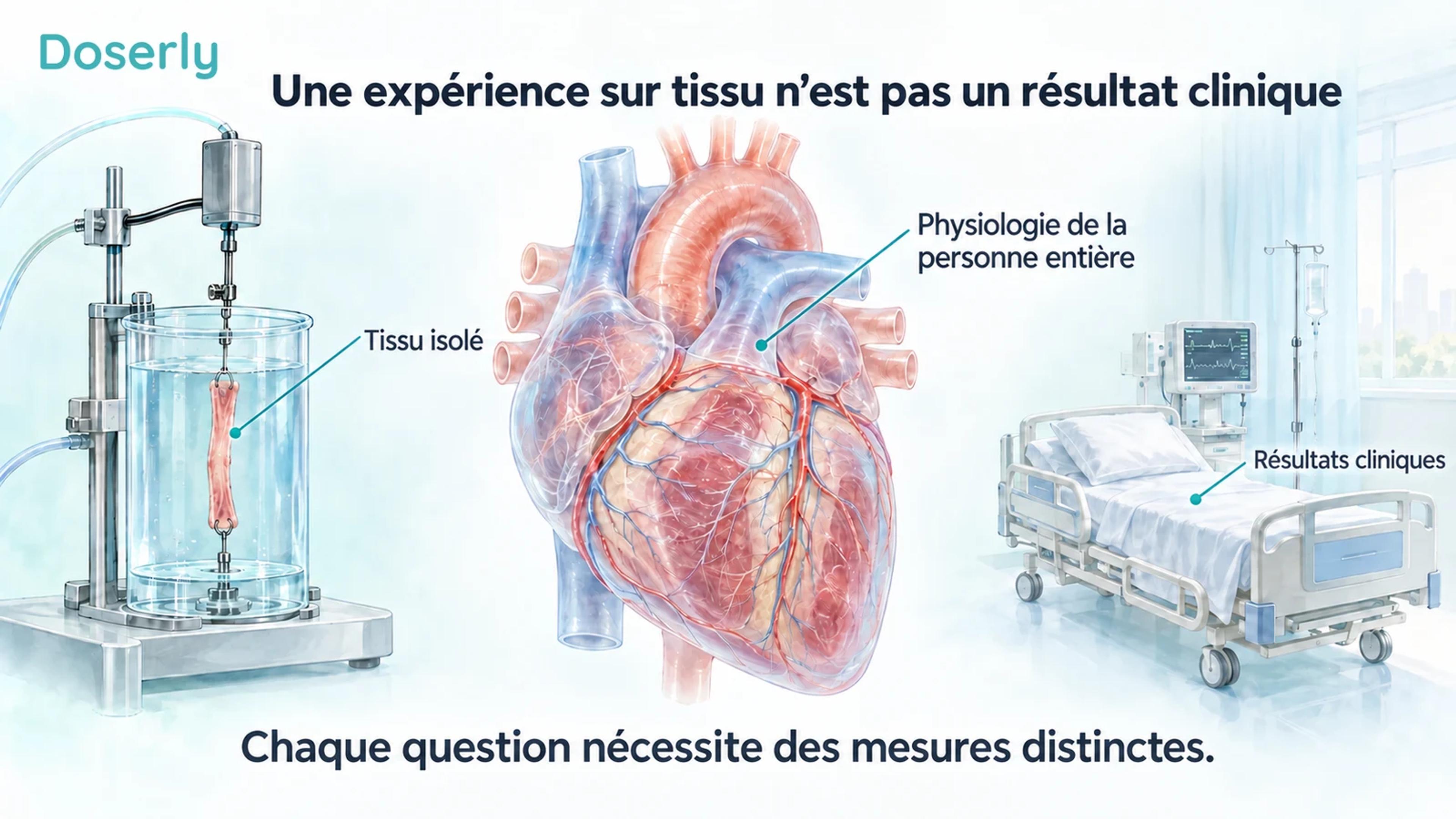 Illustration de tissu auriculaire dans un bain d’organe, d’un cœur entier et d’un lit d’hôpital
