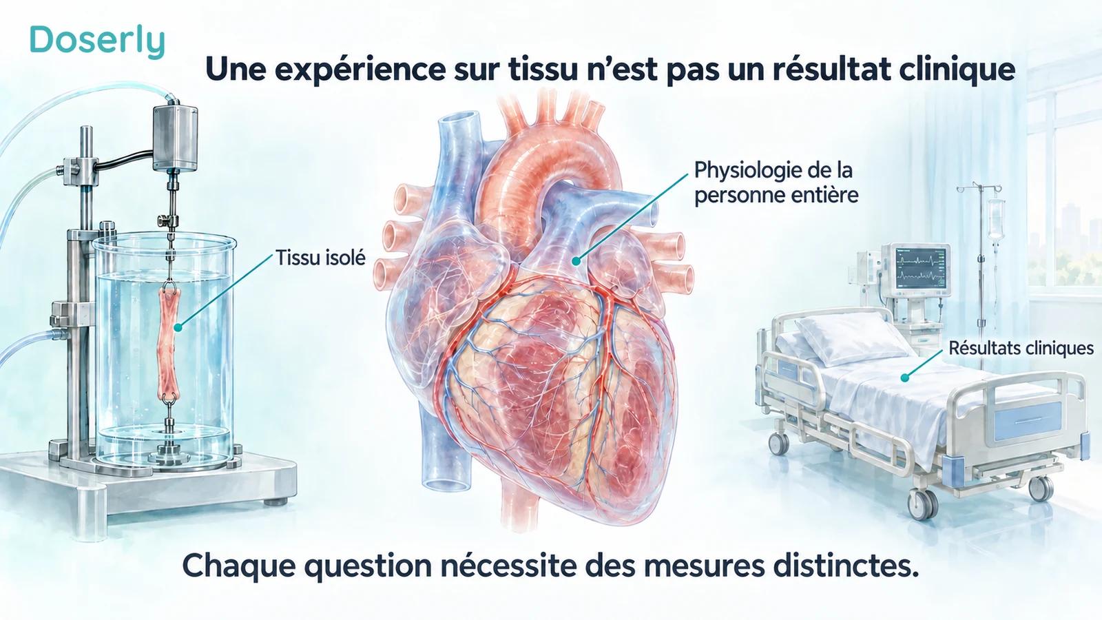 Illustration de tissu auriculaire dans un bain d’organe, d’un cœur entier et d’un lit d’hôpital