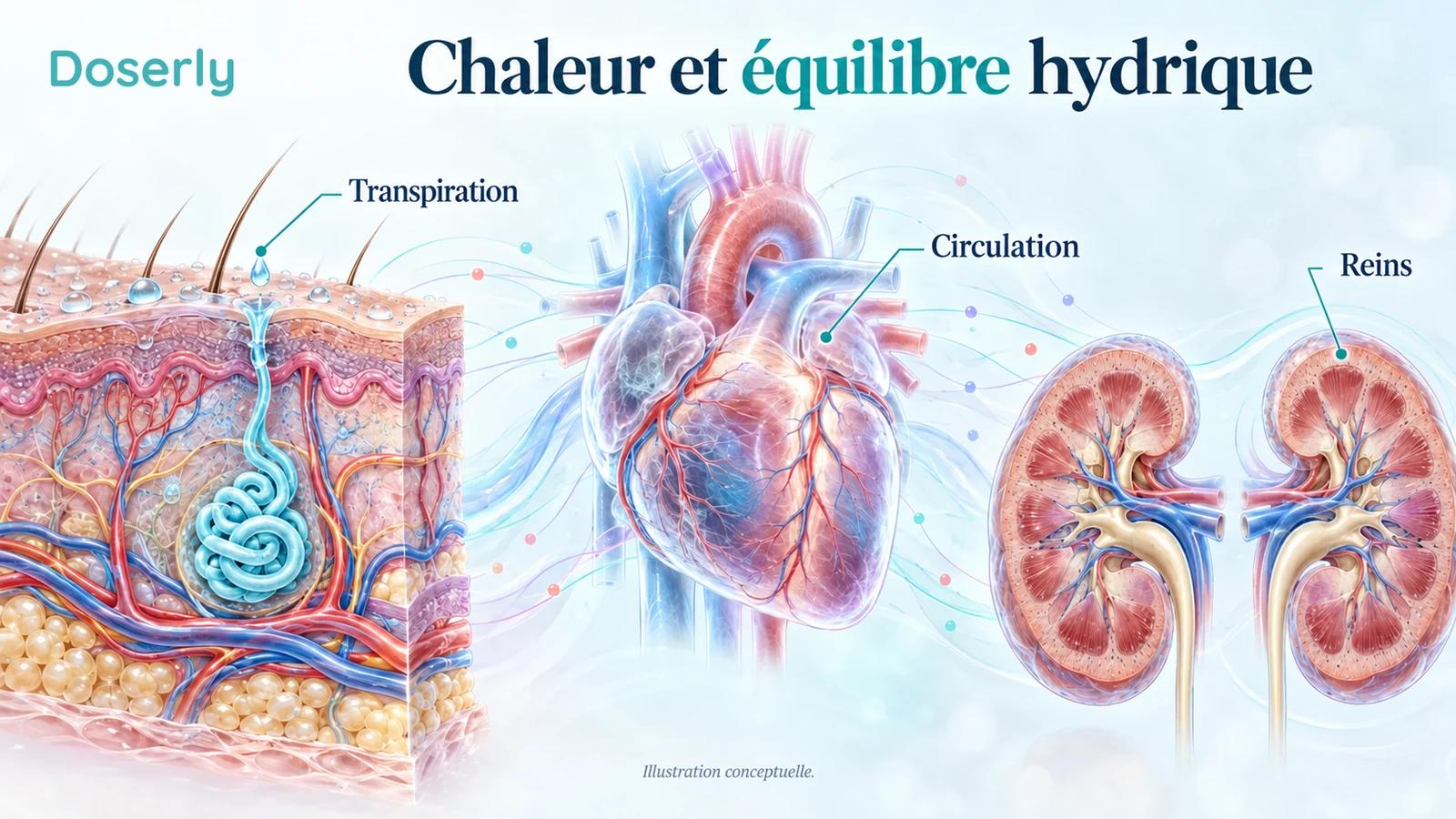Vaisseaux cutanés, glandes sudoripares et reins reliés de façon conceptuelle à l’équilibre hydrique pendant le réchauffement.