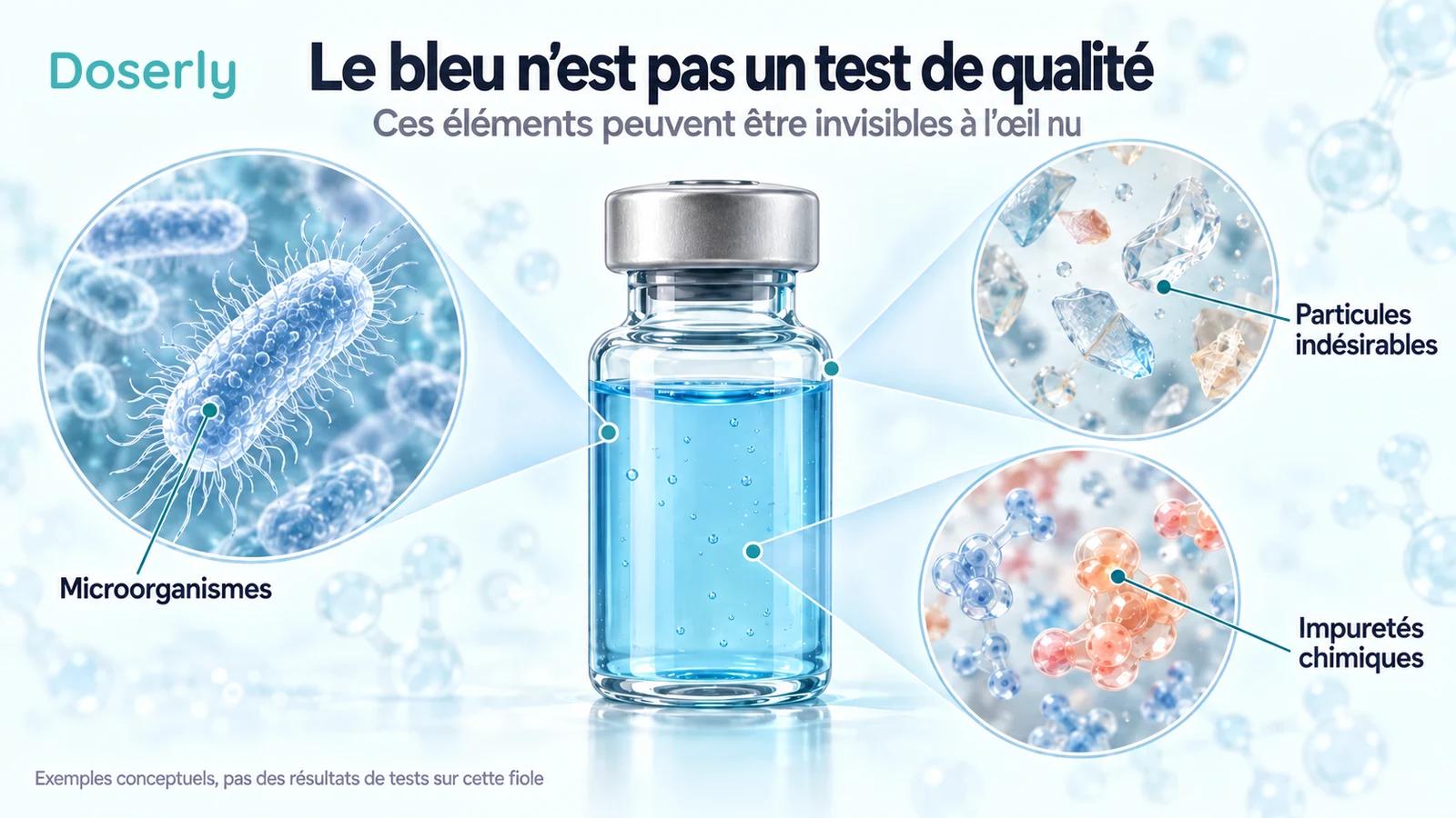 Une fiole bleue à côté d’agrandissements conceptuels de microorganismes, de particules indésirables et d’impuretés chimiques.