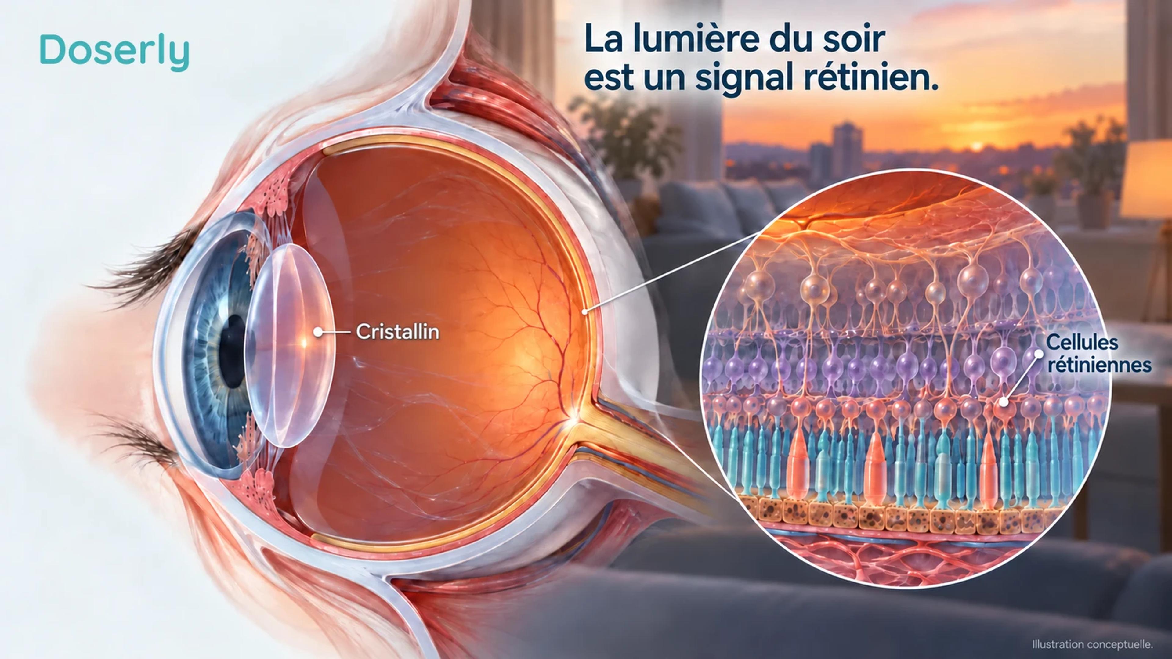 Une coupe latérale de l’œil et des couches rétiniennes illustrent comment la lumière ambiante atteint les tissus sensibles à la lumière.