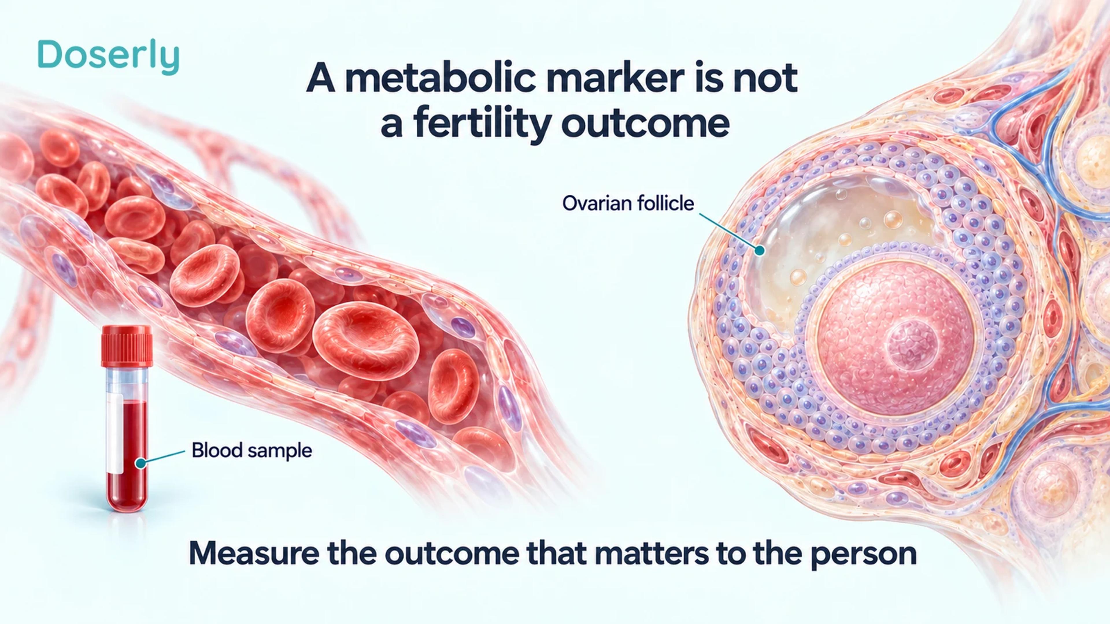 Separate blood specimen and blood-vessel illustration beside an ovarian follicle, distinguishing metabolic measurements from reproductive outcomes
