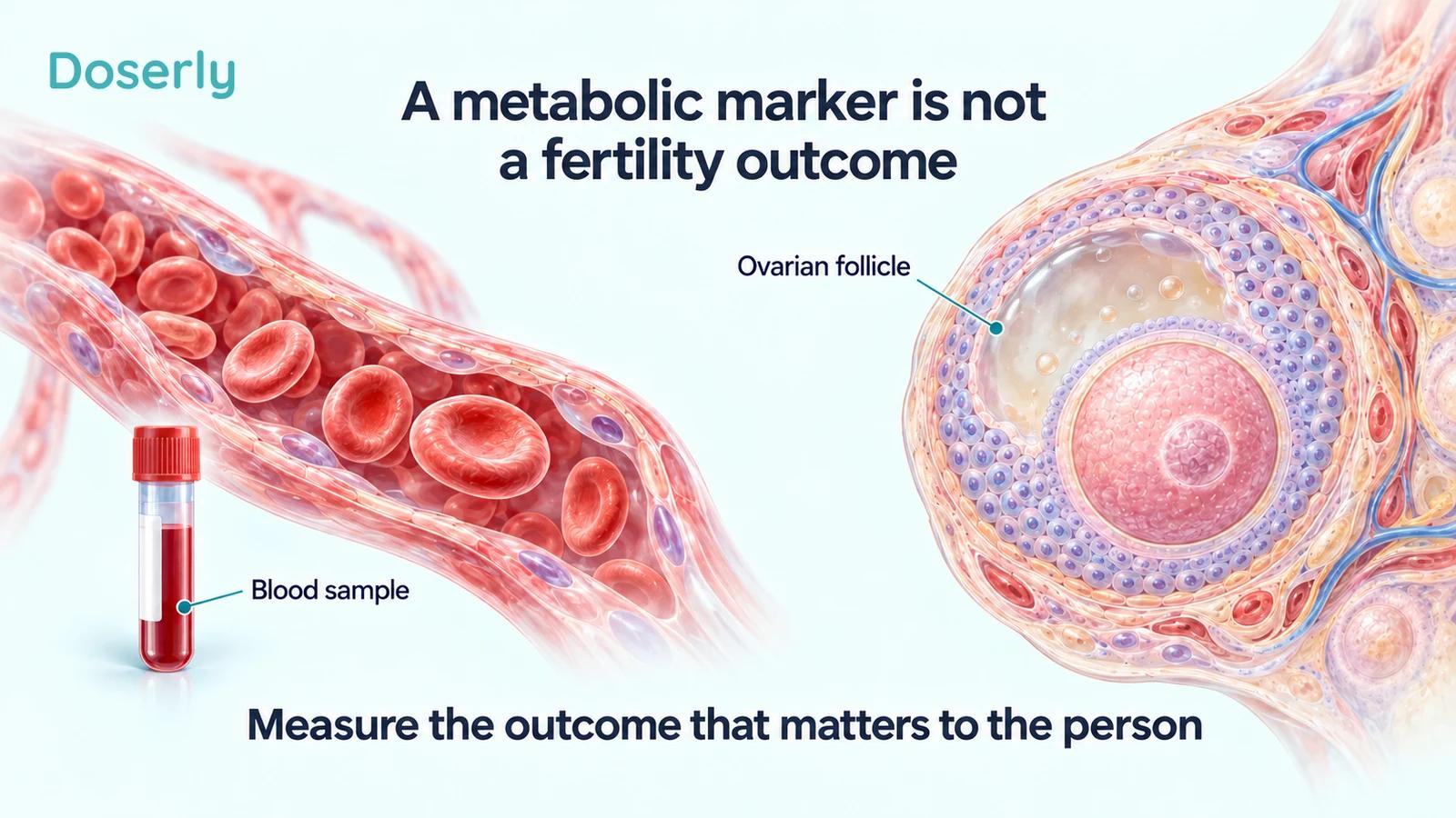 Separate blood specimen and blood-vessel illustration beside an ovarian follicle, distinguishing metabolic measurements from reproductive outcomes