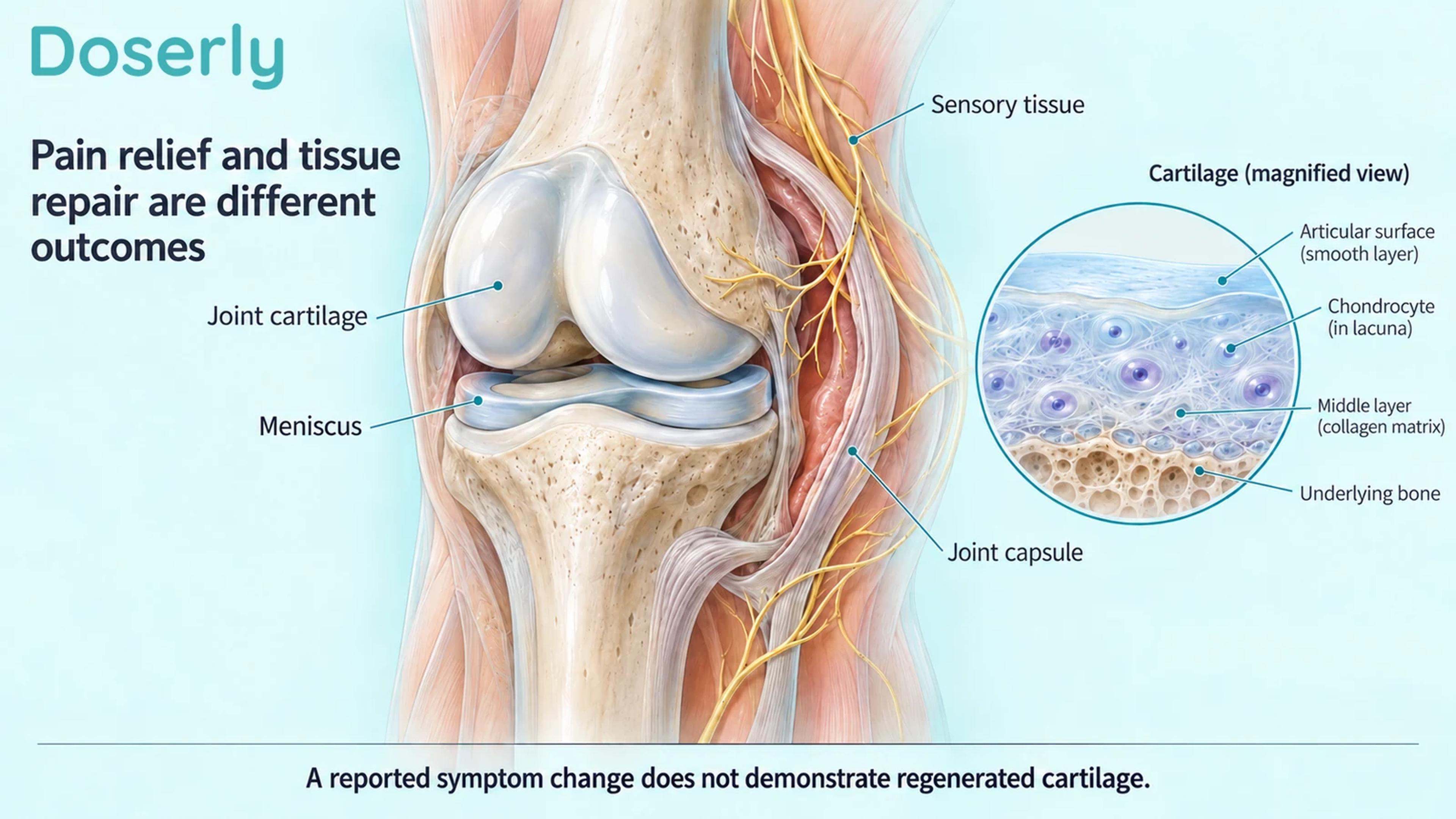 Detailed knee joint showing cartilage, meniscus, capsule and sensory tissue with a cartilage magnification.