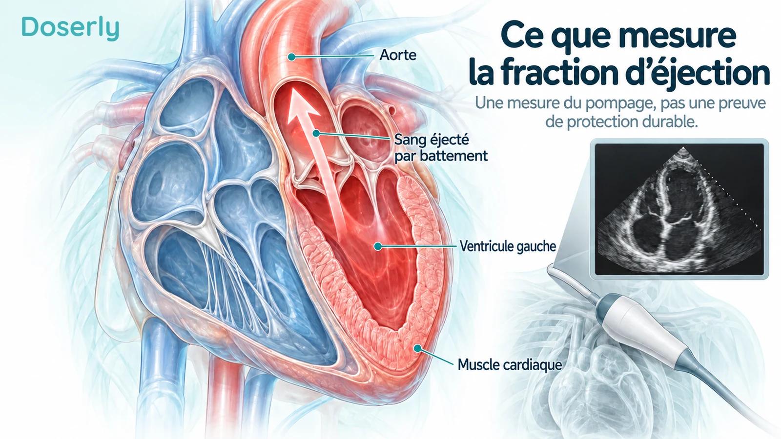 Coupe détaillée du cœur montrant le ventricule gauche, l’aorte et le sang éjecté par battement, près d’une représentation conceptuelle d’échographie