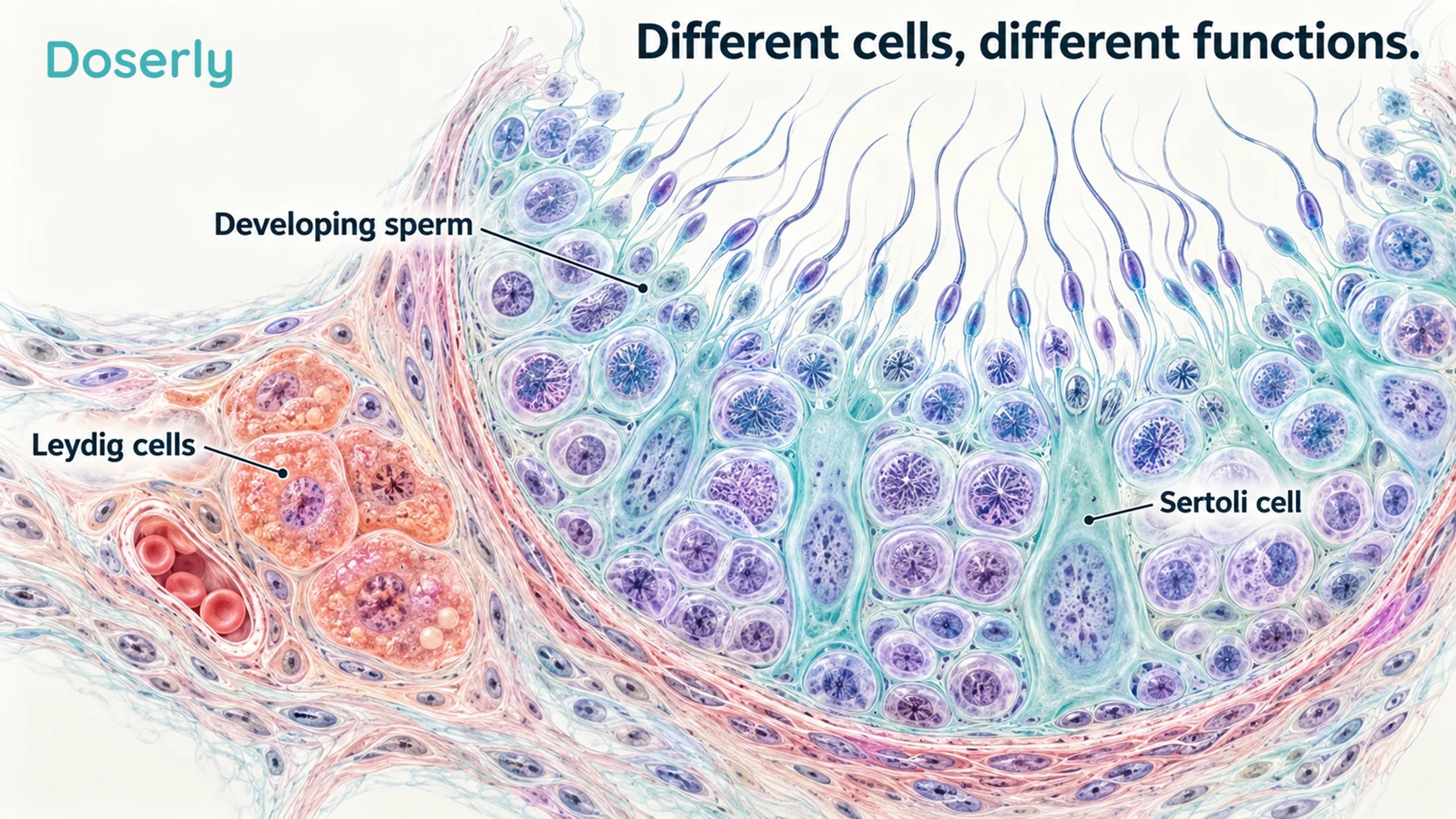 A conceptual seminiferous tubule cross-section distinguishes sperm-forming tissue from testosterone-producing Leydig cells outside the tubule.