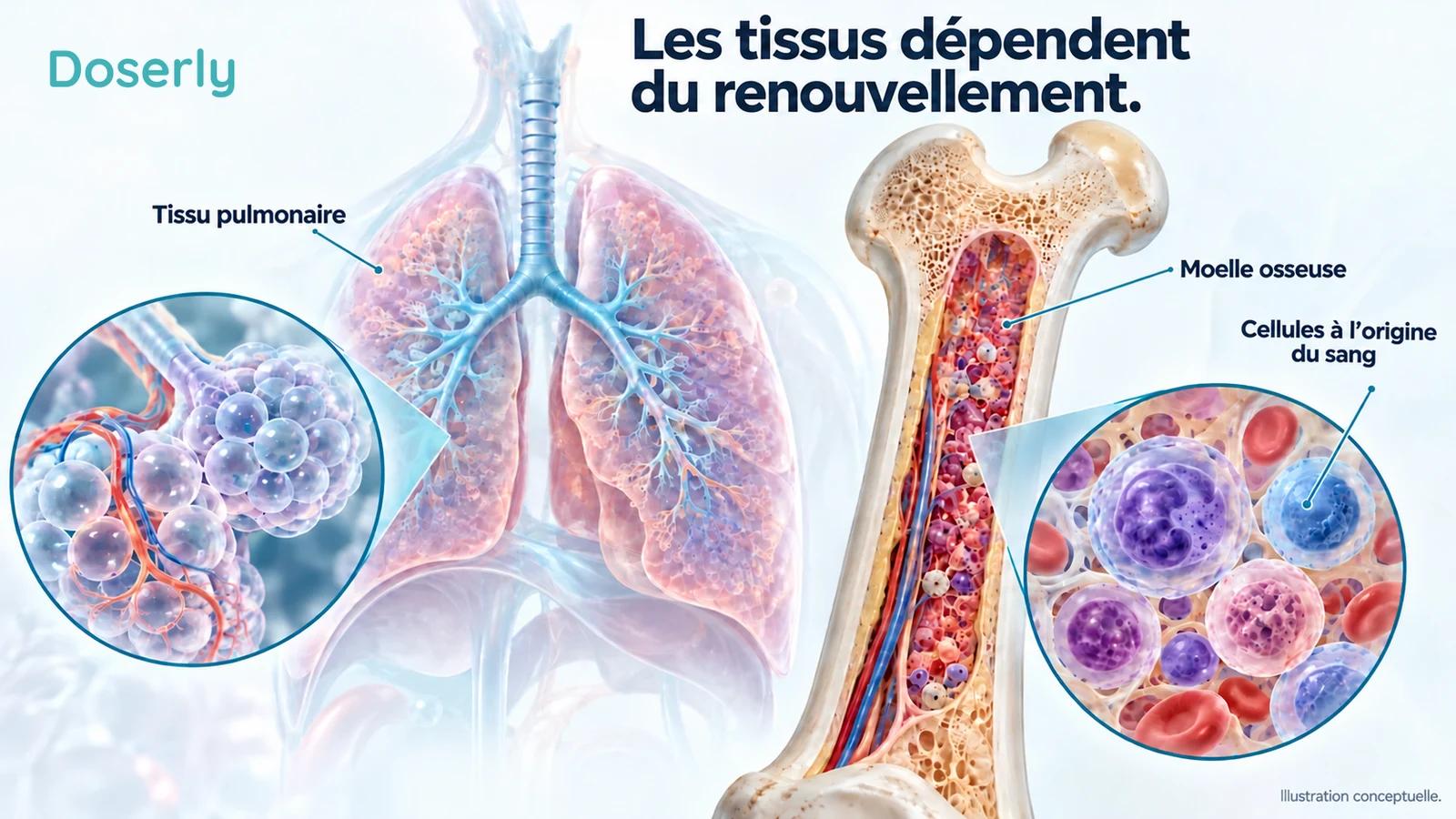 Du tissu pulmonaire et de la moelle osseuse illustrent les organes que peuvent toucher les troubles de la biologie des télomères.
