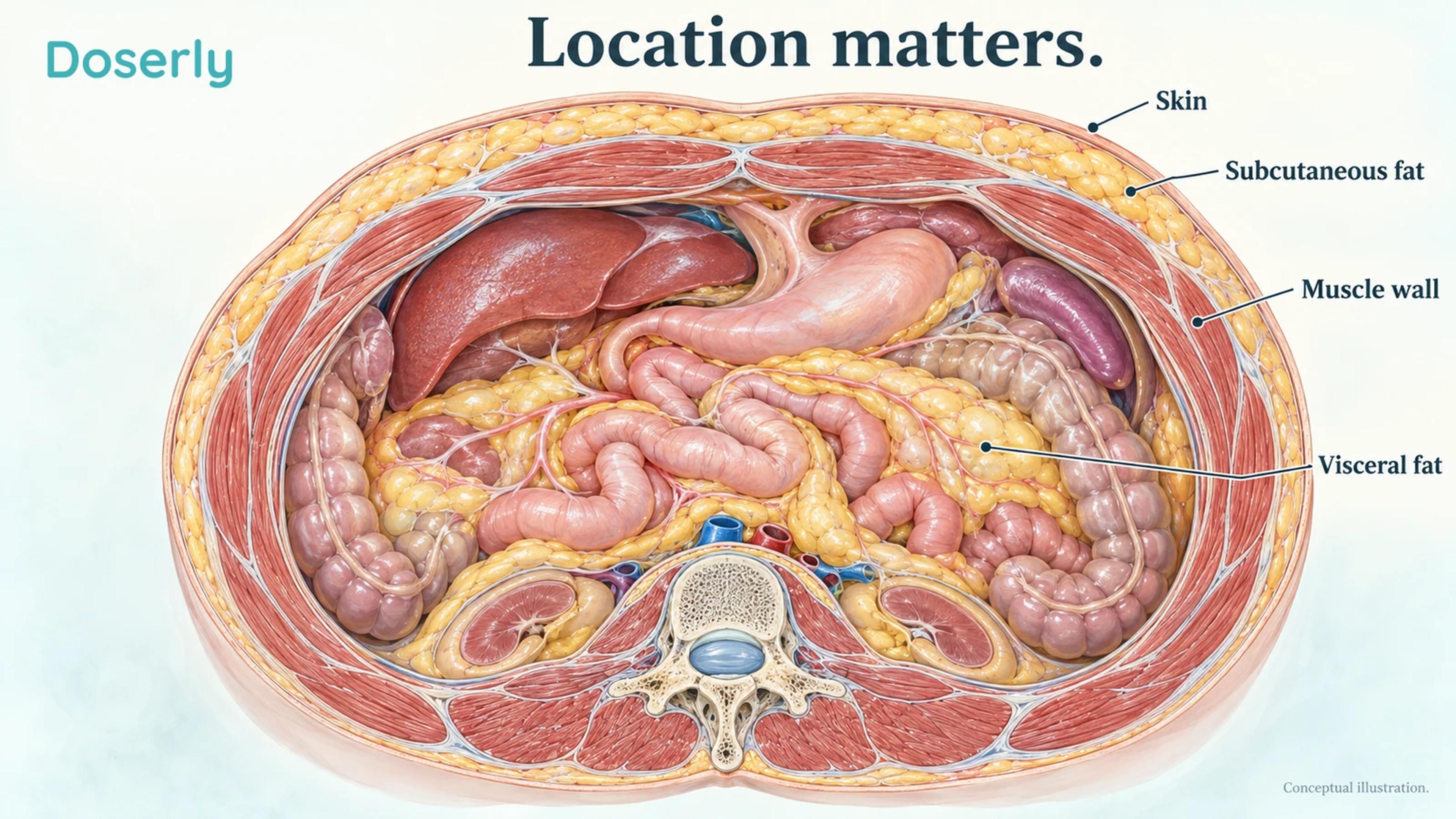 A conceptual abdominal cross-section distinguishes subcutaneous fat beneath the skin from visceral fat around internal organs.