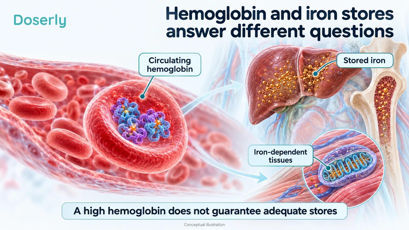 Circulating red cells, stored iron and iron-dependent muscle tissues explain why hemoglobin and ferritin are not interchangeable.