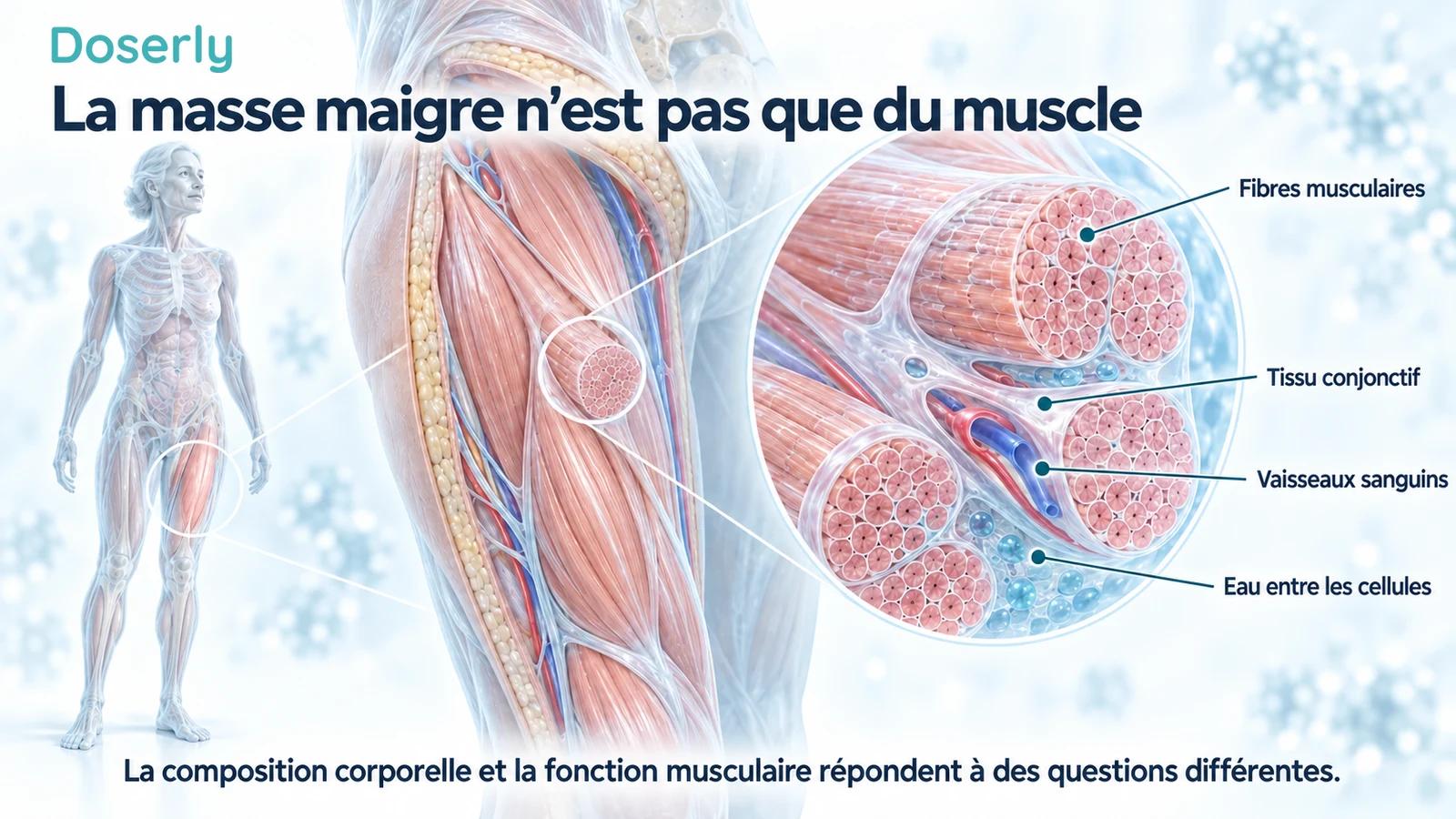 Vue en coupe d’un muscle de la cuisse montrant les fibres, le tissu conjonctif, les vaisseaux sanguins et une représentation conceptuelle de l’eau entre les cellules.
