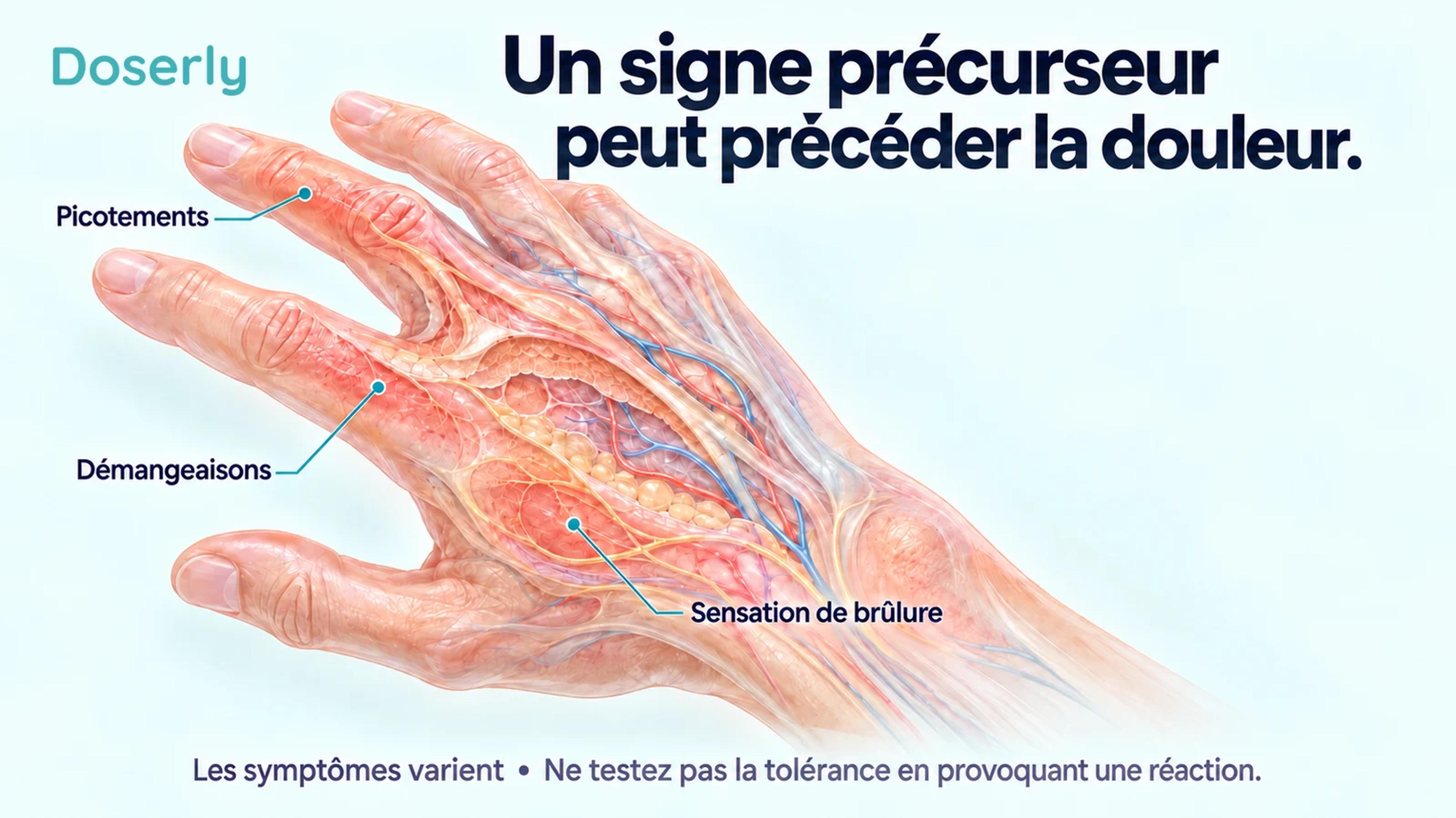 Illustration détaillée d’une main et de la peau indiquant les picotements, les démangeaisons et la sensation de brûlure comme signes précurseurs possibles.