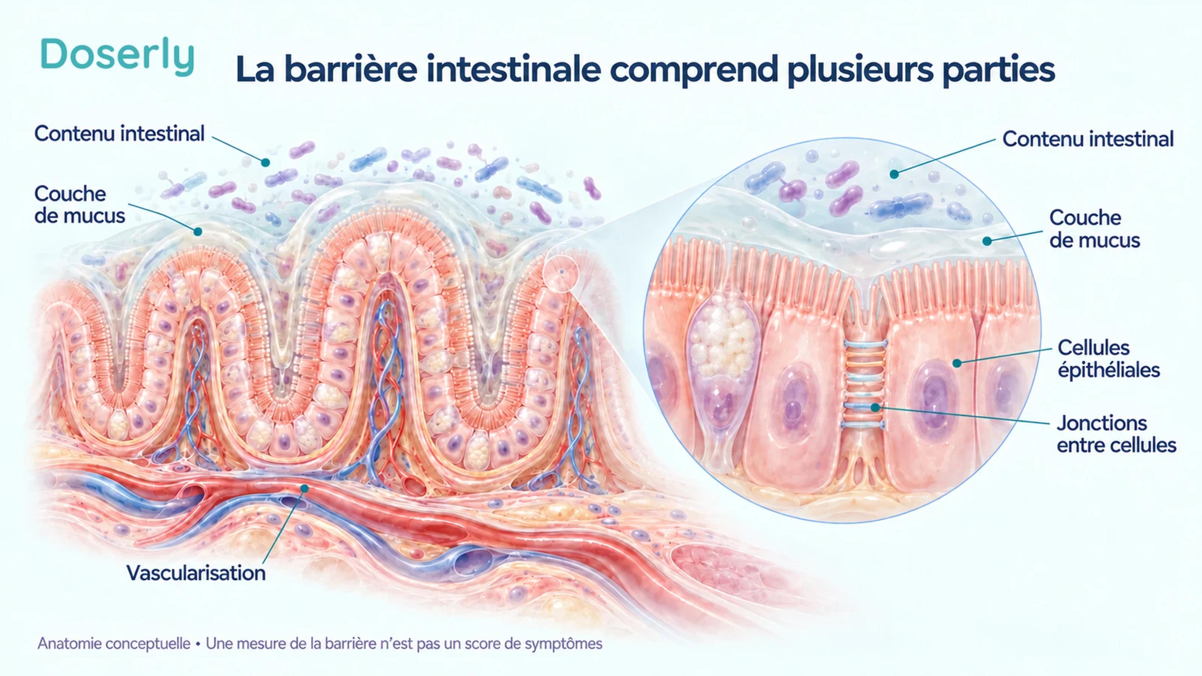 Muqueuse de l’intestin grêle montrant le mucus, les cellules épithéliales, les jonctions entre cellules voisines et les vaisseaux sanguins sous-jacents.