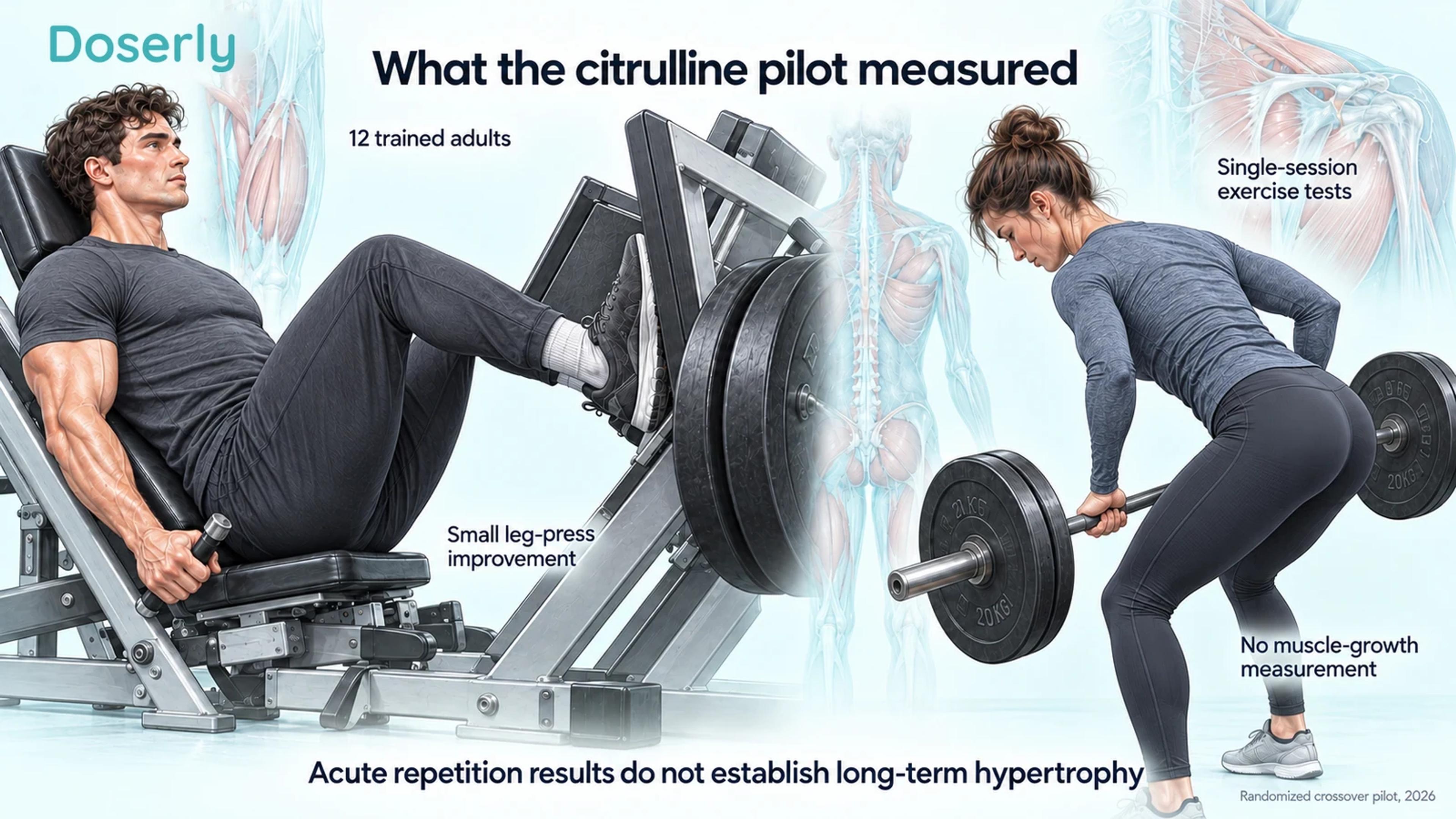 A leg press and bent-over row illustrate the exercises used in the small acute citrulline trial.