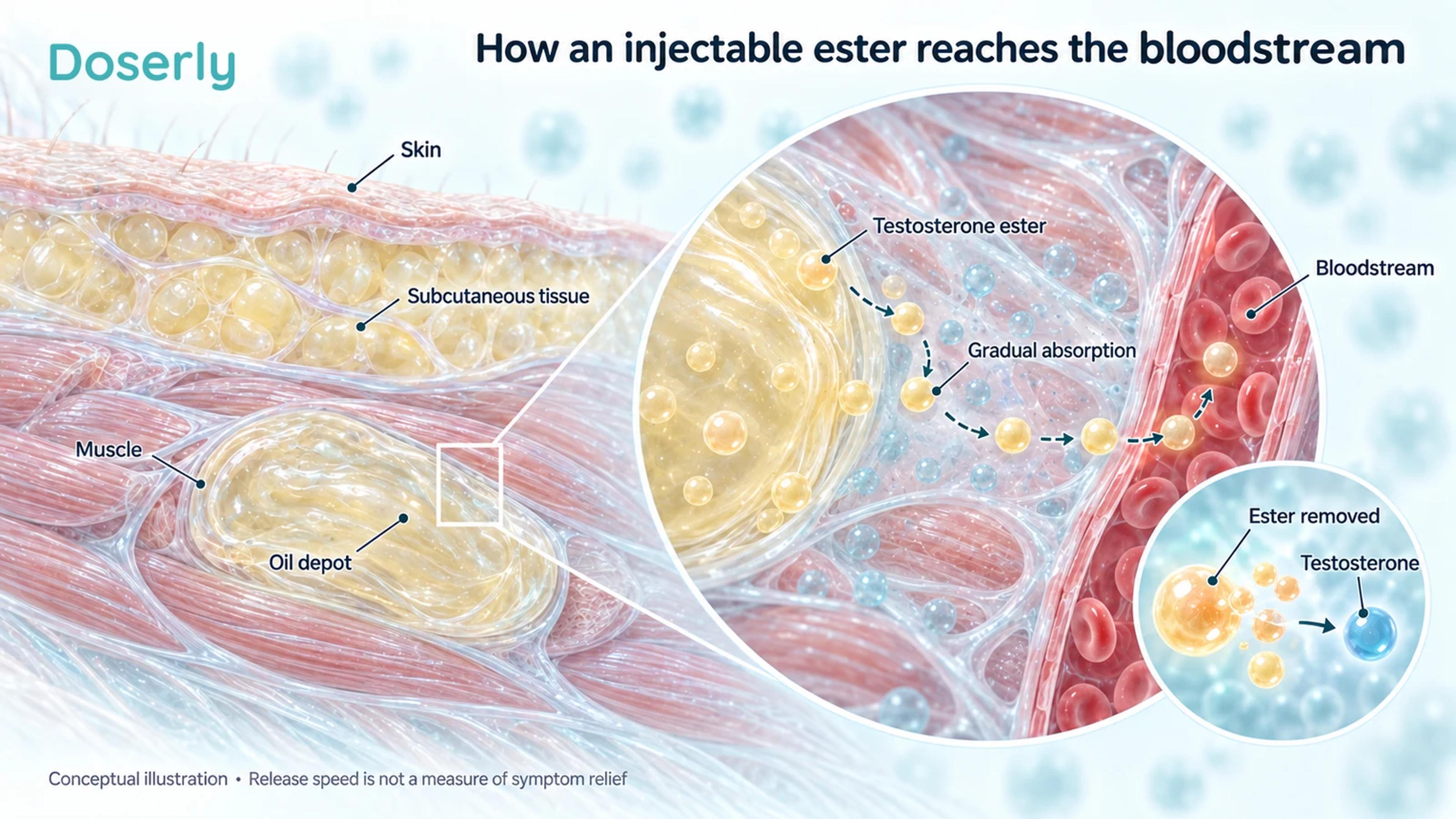 Muscle oil depot and capillary illustrating gradual absorption of testosterone ester and subsequent ester removal.