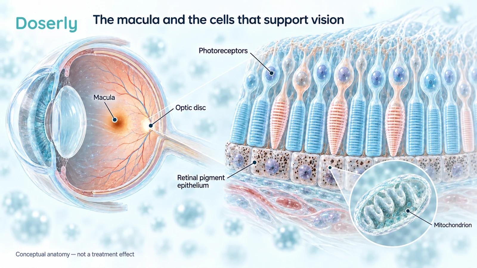 Eye cutaway with separate macula and optic disc labels, enlarged photoreceptors next to retinal pigment epithelium, and a mitochondrion inset.