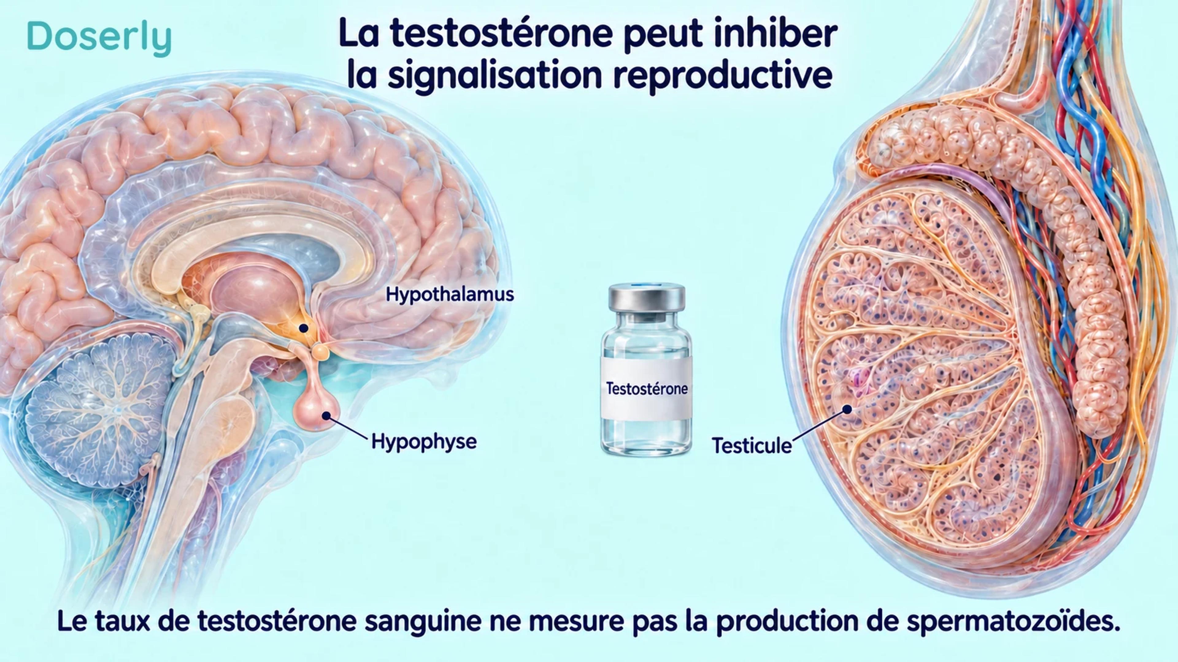 Anatomie détaillée de l’hypothalamus, de l’hypophyse et du testicule à côté d’une fiole conceptuelle de testostérone, illustrant les structures touchées par la rétroaction reproductive.