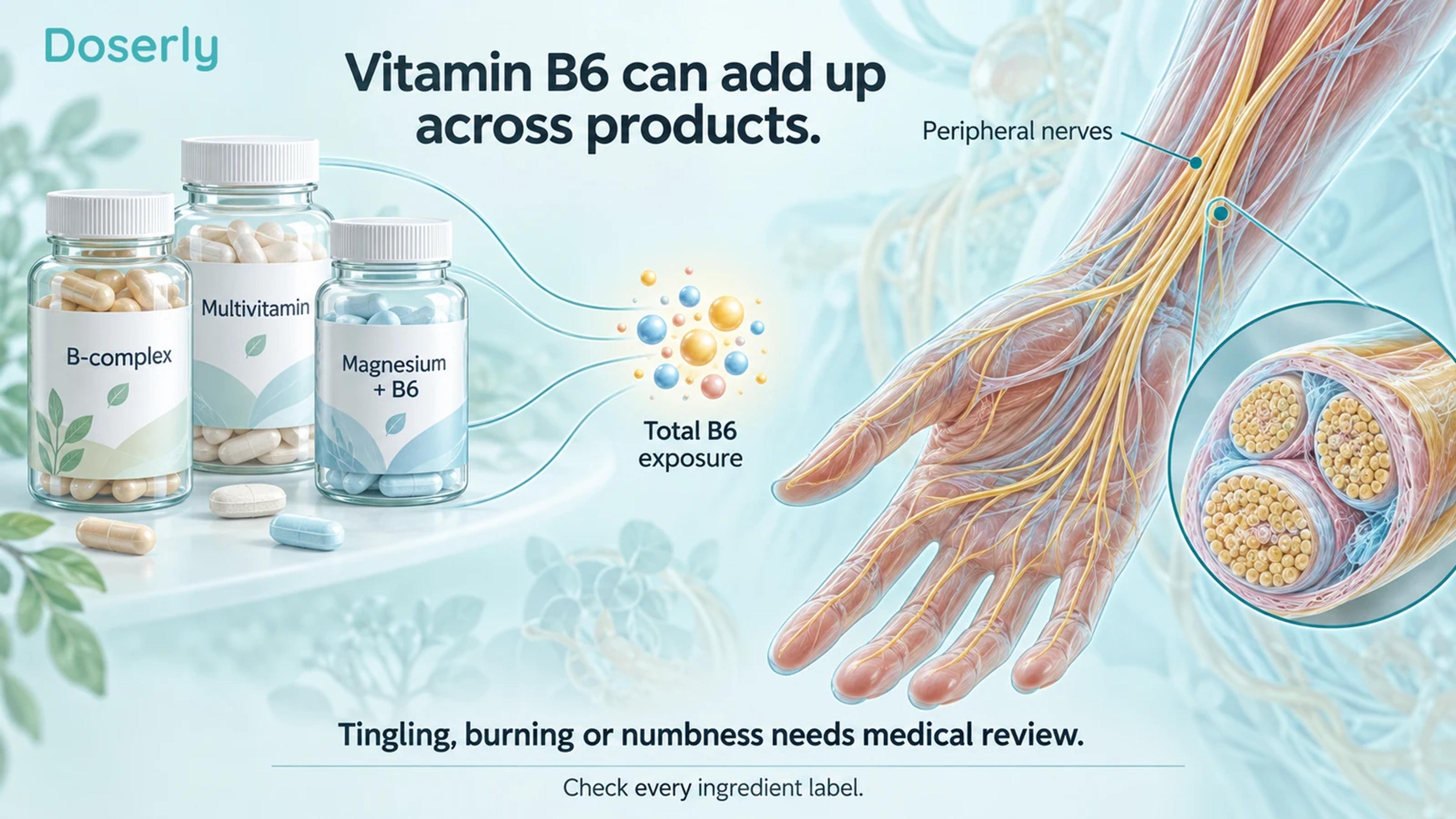 Three supplement bottles contribute to total vitamin B6 exposure beside a detailed hand, peripheral nerves and a magnified nerve bundle.