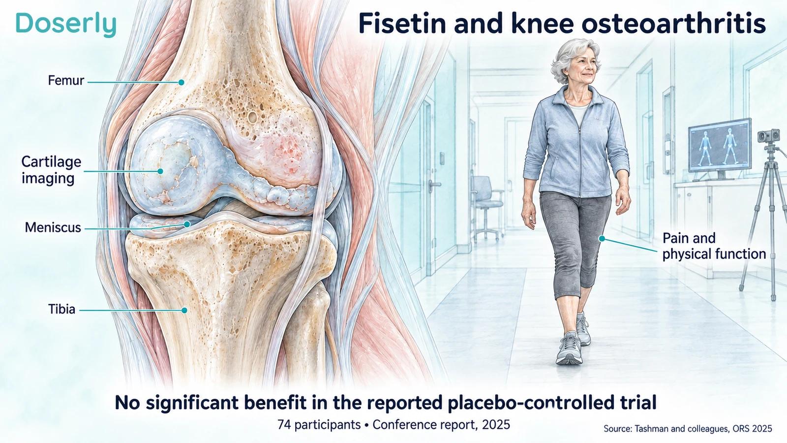 A knee joint cutaway beside an older adult completing a walking assessment, with the reported fisetin trial result.