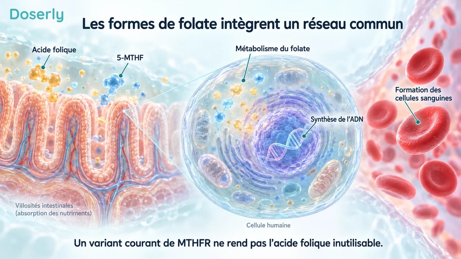 Des villosités intestinales, une cellule agrandie avec son noyau et des globules rouges illustrent l’absorption du folate et ses rôles dans la formation de l’ADN et des cellules sanguines.
