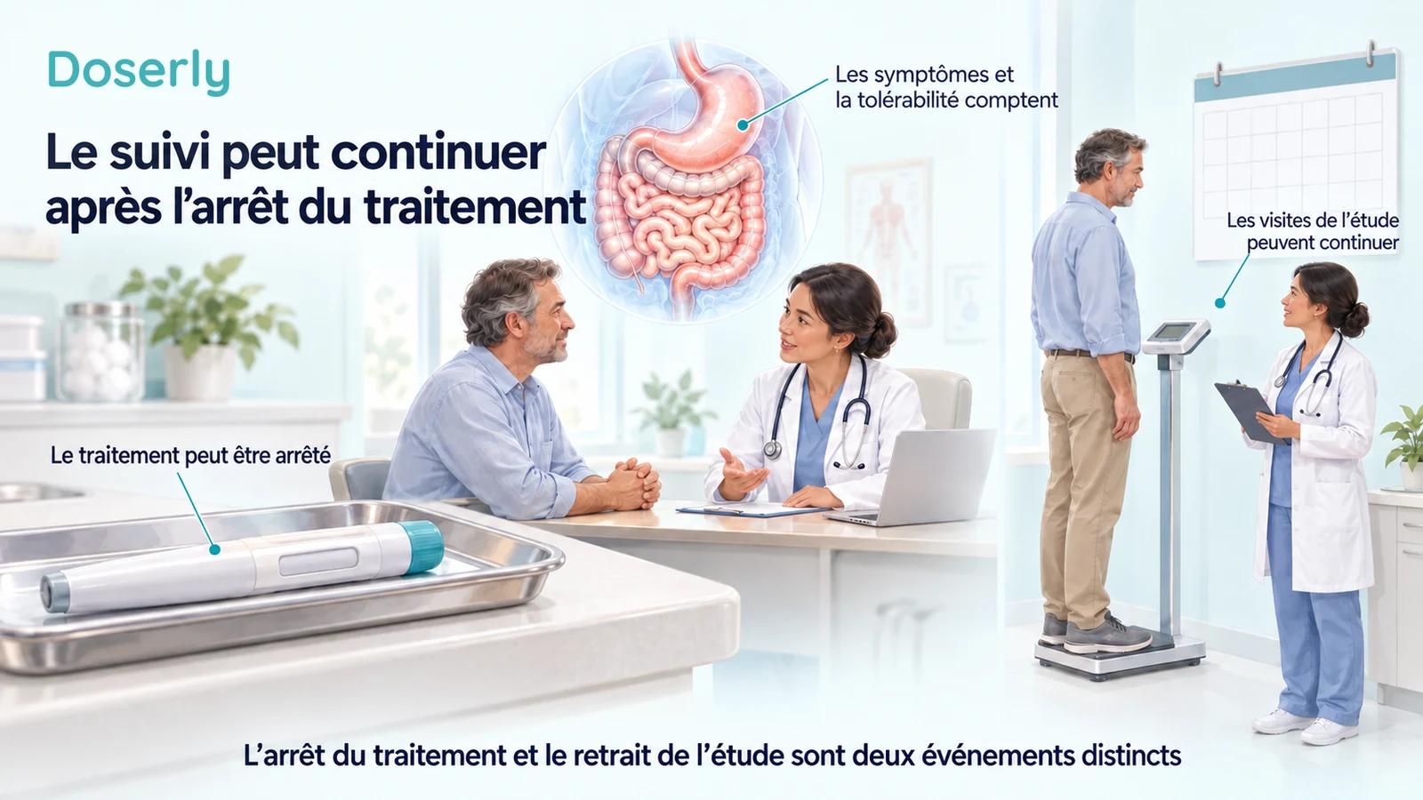 Illustration d’une visite en clinique montrant que le suivi et l’évaluation des symptômes peuvent continuer après l’arrêt du traitement attribué.