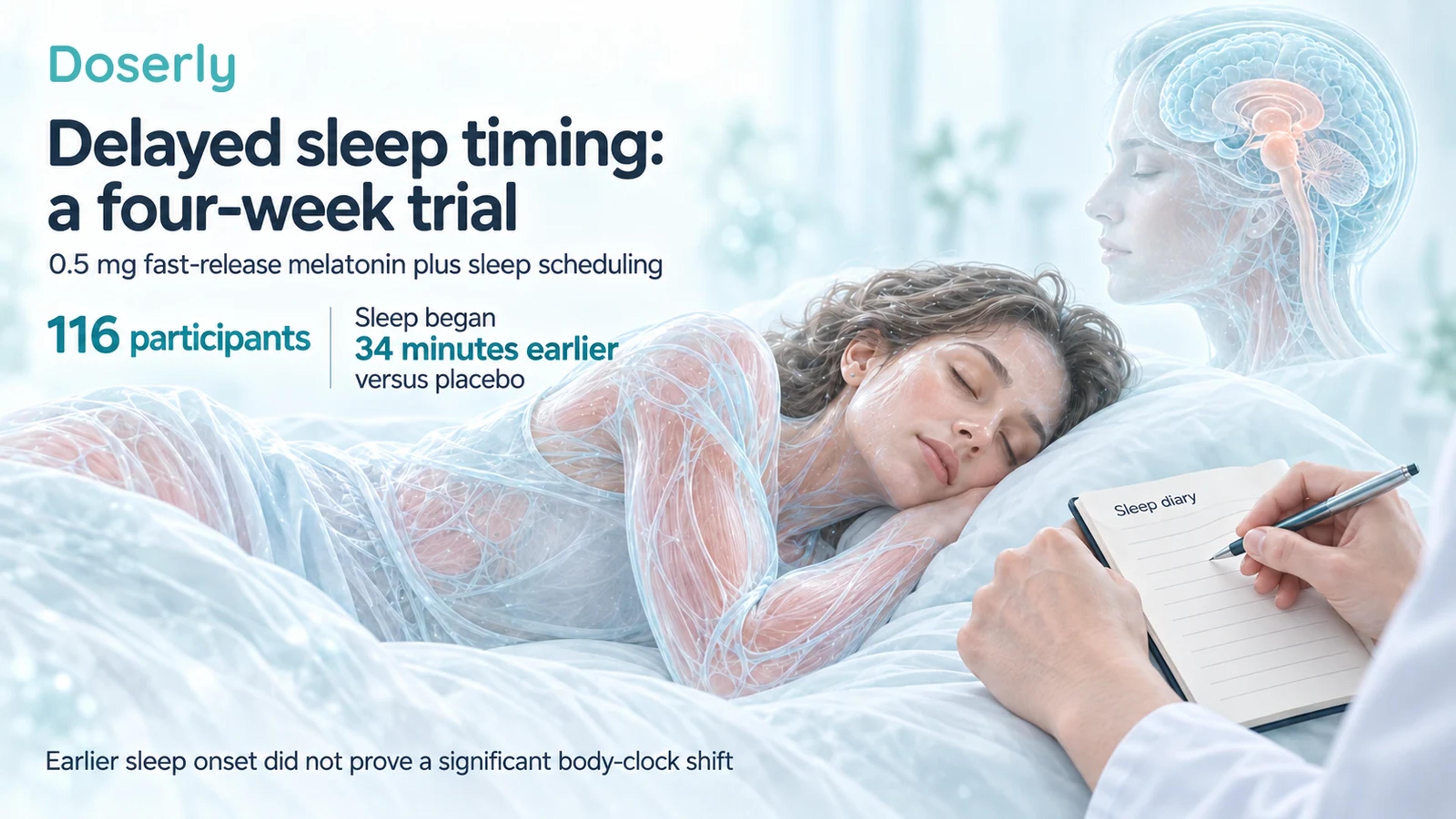 A resting participant and conceptual sleep diary illustrate the four-week trial: 116 participants and sleep onset 34 minutes earlier than placebo with melatonin plus scheduling.