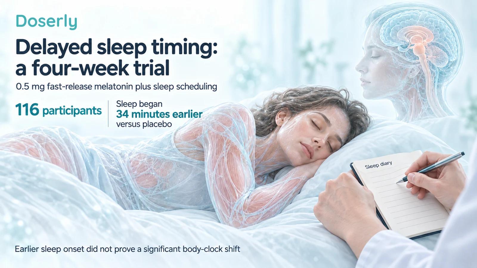 A resting participant and conceptual sleep diary illustrate the four-week trial: 116 participants and sleep onset 34 minutes earlier than placebo with melatonin plus scheduling.