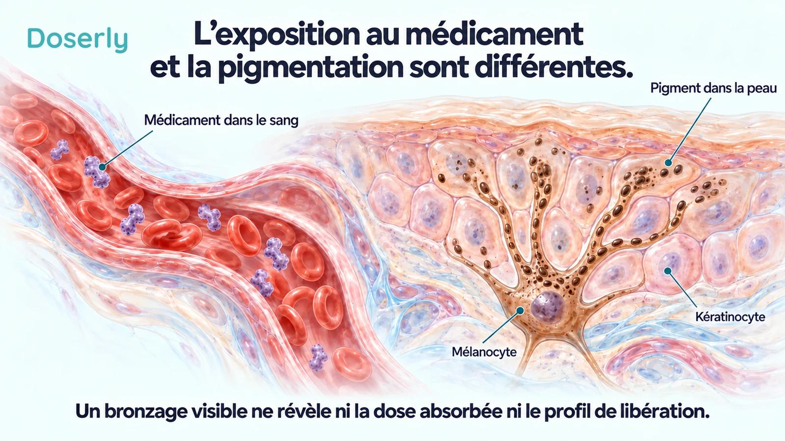 Capillaire contenant des formes conceptuelles de peptides, à côté de cellules cutanées contenant des granules de pigment.