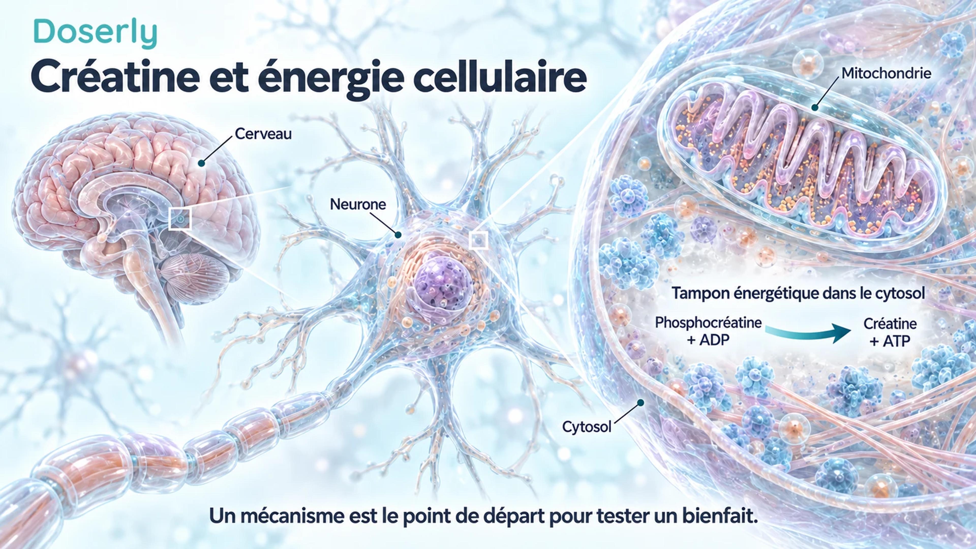 Cerveau translucide et neurone agrandi montrant la phosphocréatine qui transfère de l’énergie dans le cytosol, à l’extérieur d’une mitochondrie.