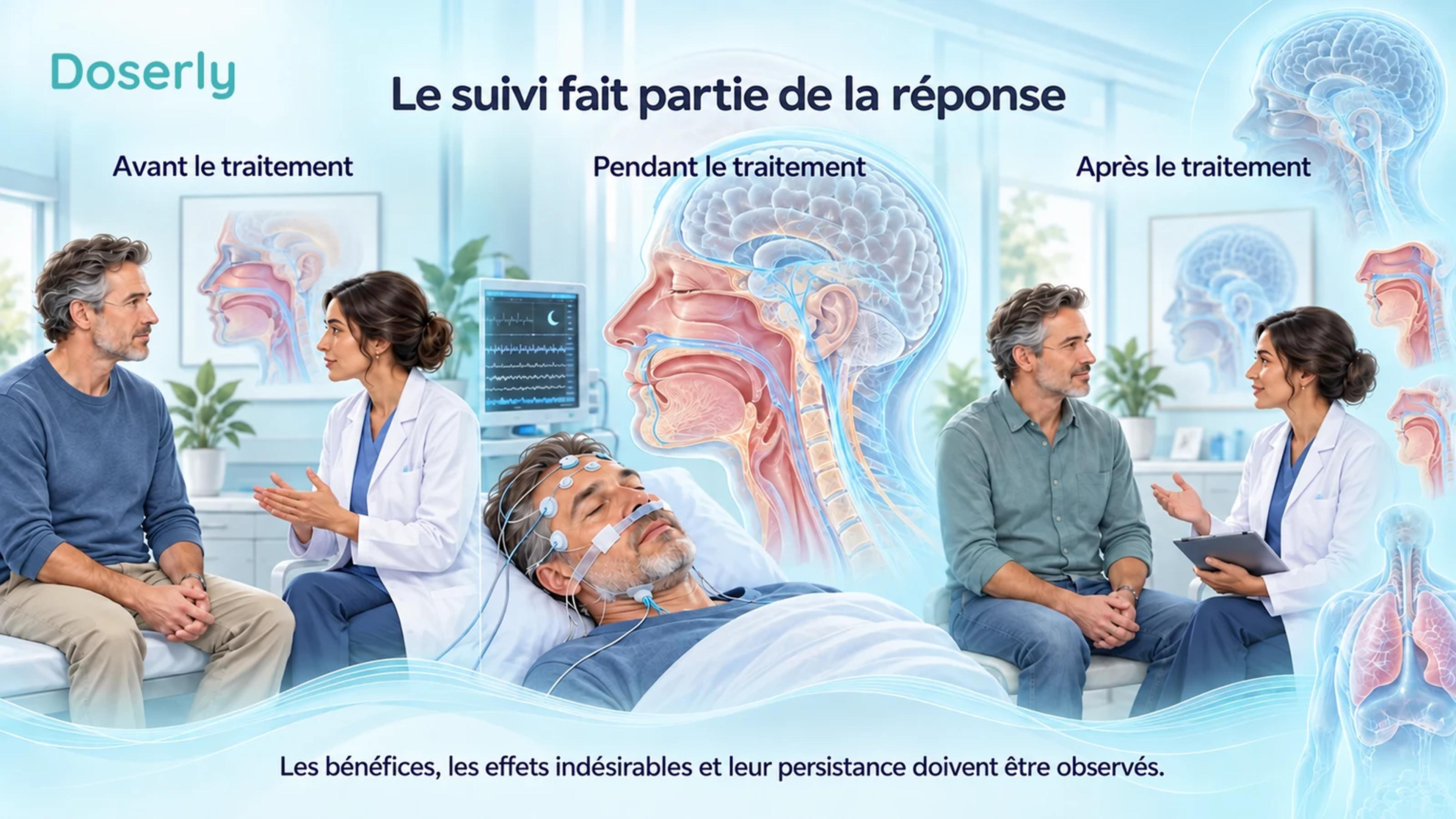 Une évaluation initiale, un enregistrement du sommeil pendant le traitement et un suivi clinique ultérieur présentés en trois scènes.