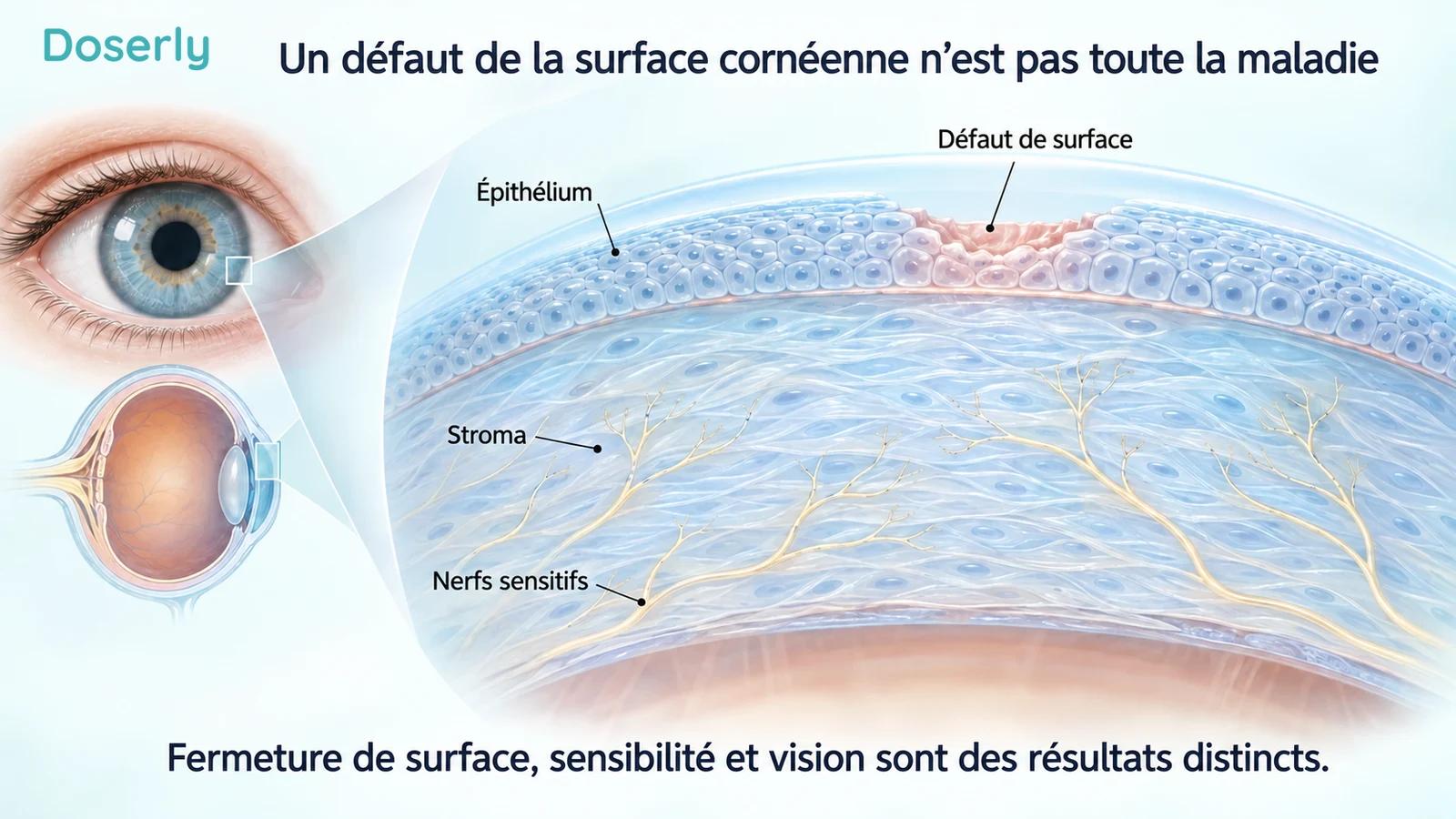 Une coupe de la cornée montre un défaut de la surface épithéliale, le stroma sous-jacent et les nerfs sensitifs.