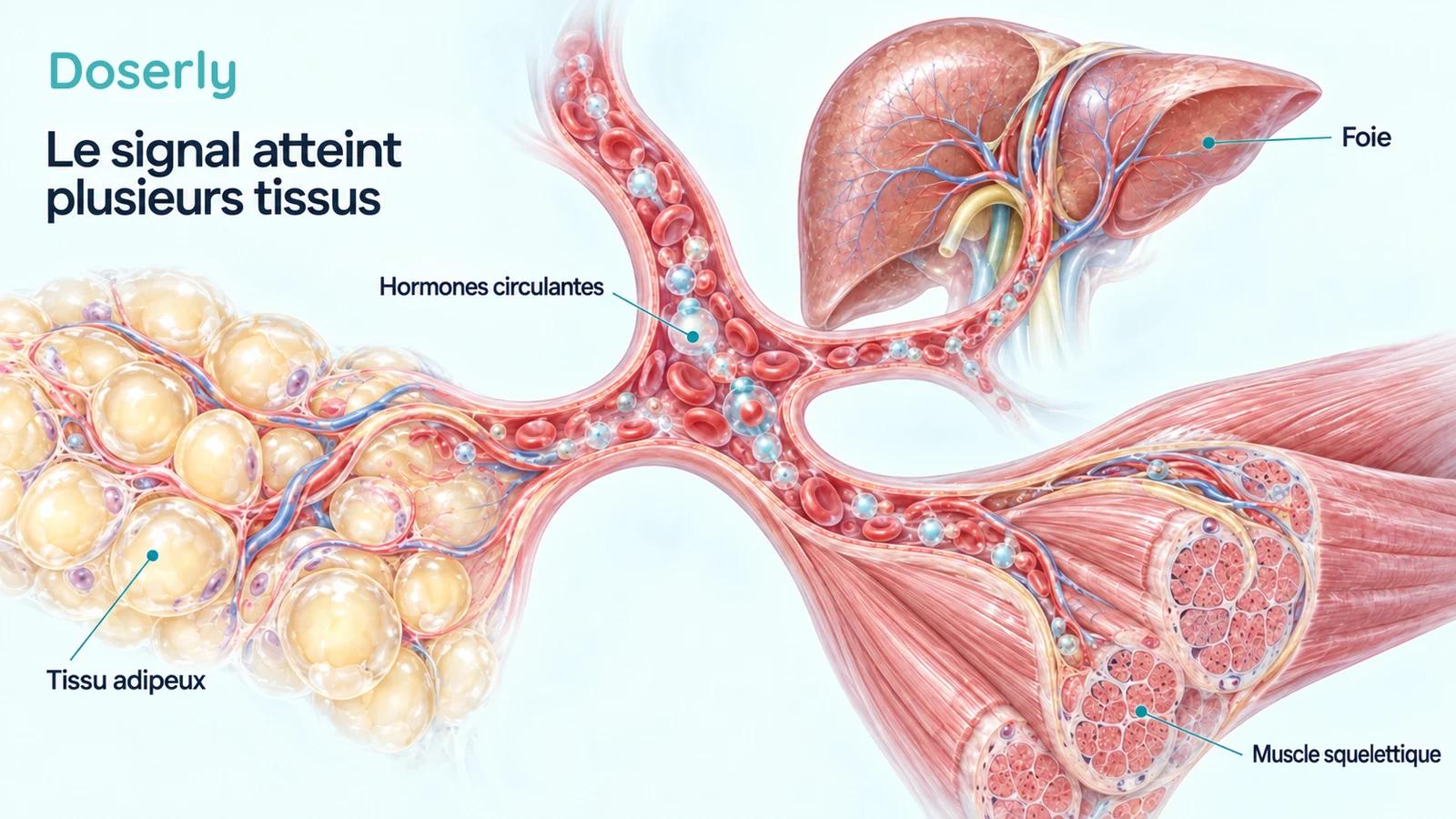 Un foie détaillé, un faisceau de muscle squelettique et du tissu adipeux entourent un vaisseau transportant des hormones, montrant la portée plus large de la signalisation endocrinienne.