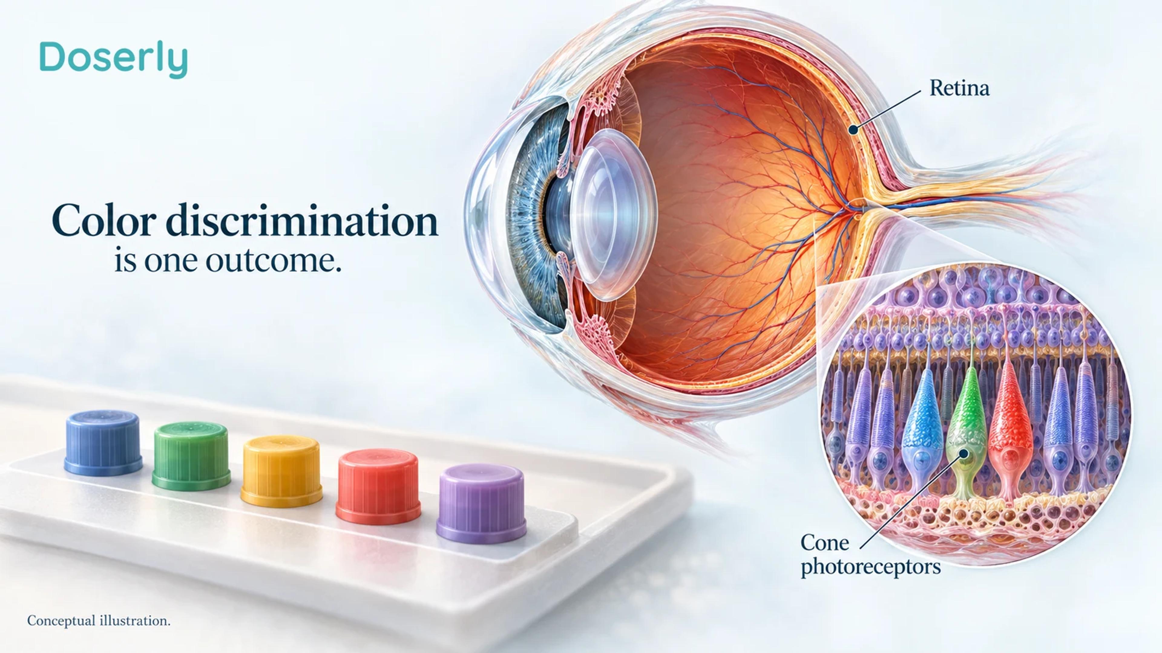 Retinal anatomy and a conceptual color-arrangement task illustrate color discrimination as a specific visual outcome.