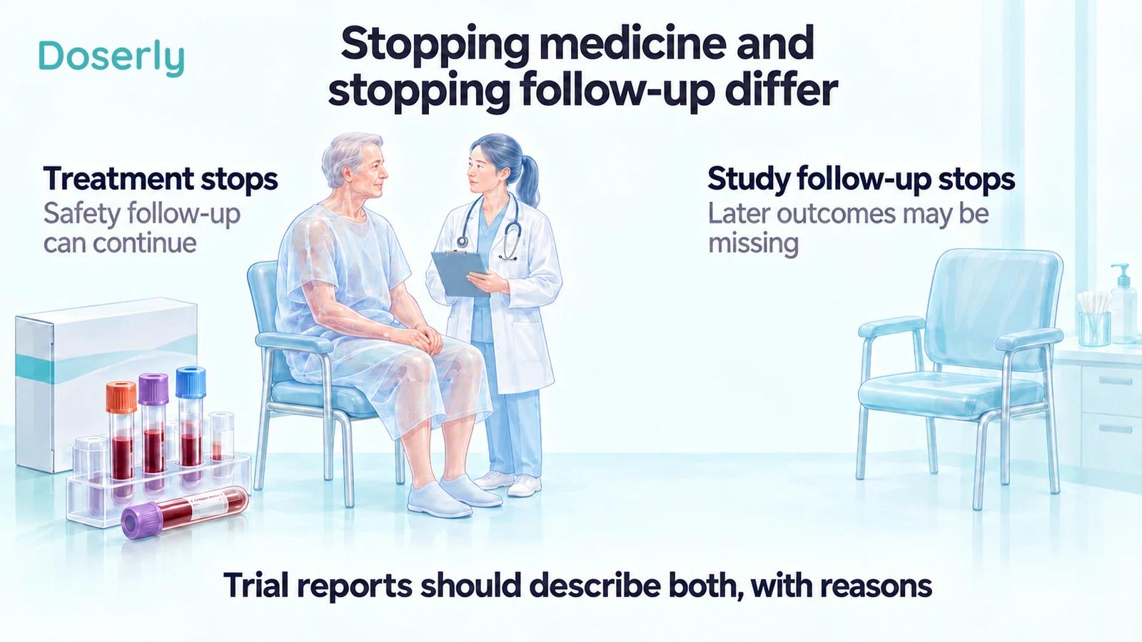 An illustrated patient continuing clinical follow-up and an empty clinic chair distinguish stopping treatment from stopping study follow-up.