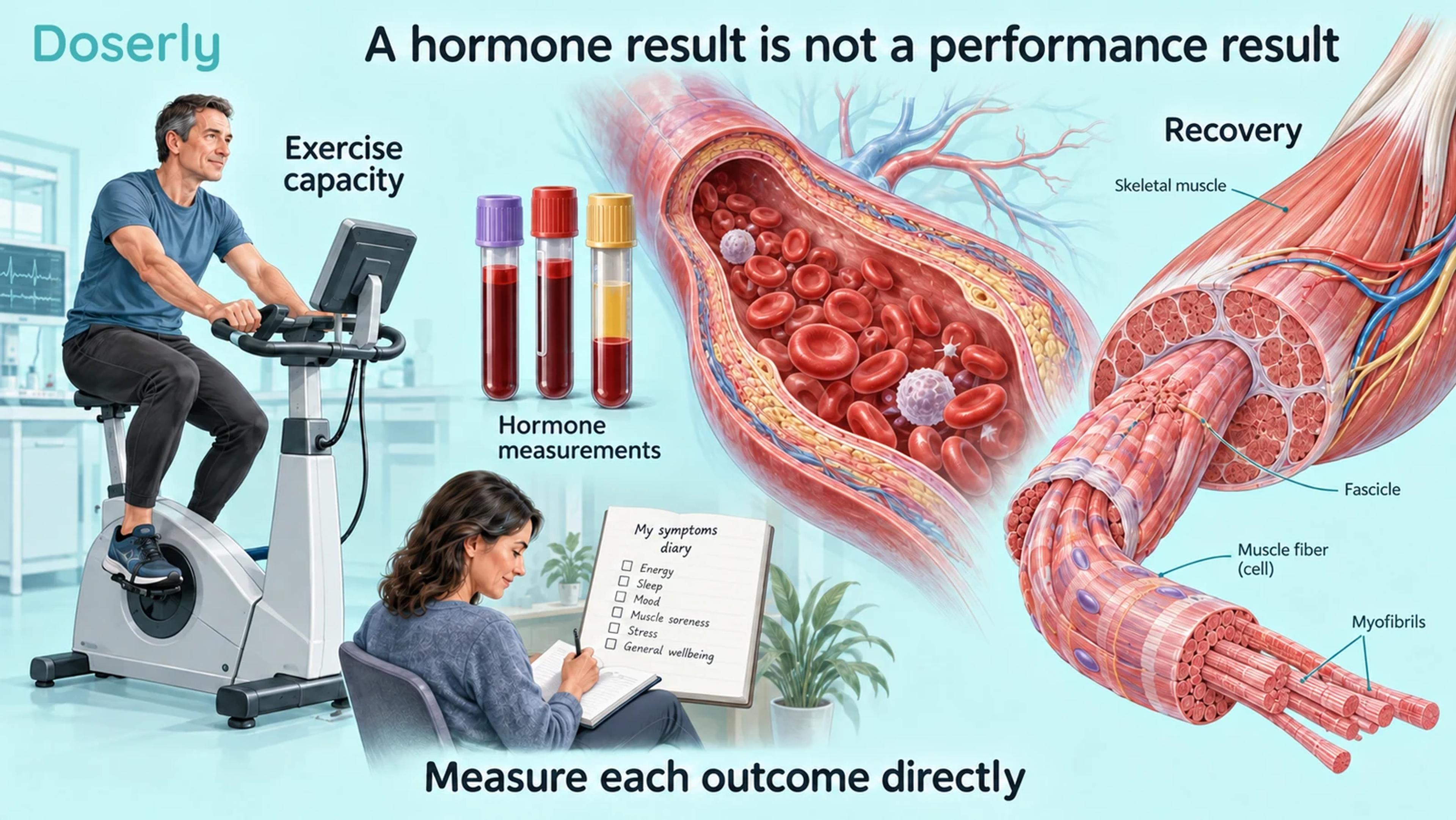 An illustrated cyclist, blood collection tubes and a muscle-fiber inset separate hormone measurement from exercise performance and recovery.