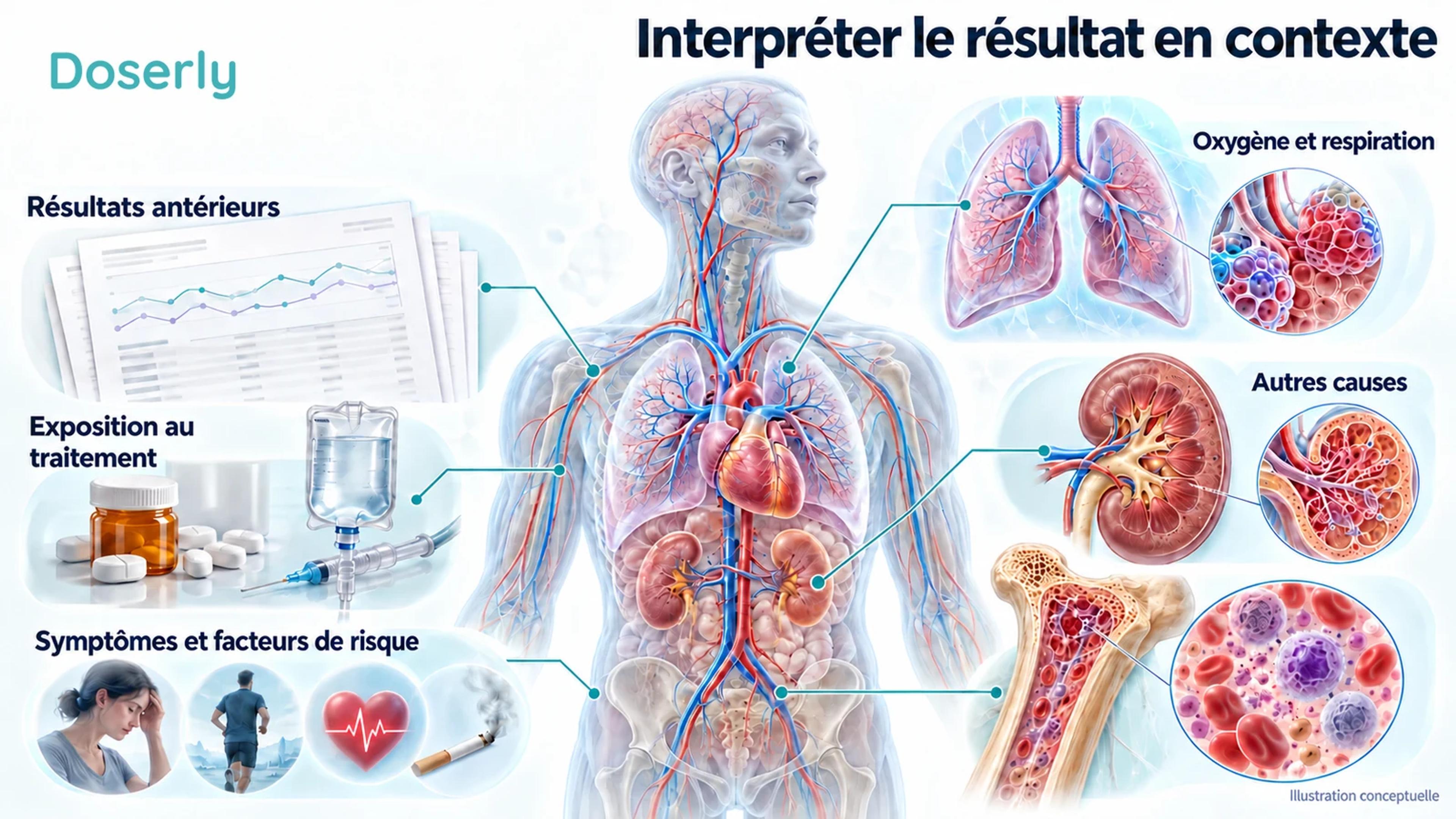 L’historique des numérations sanguines, l’exposition au traitement, la respiration et d’autres facteurs cliniques entourent une illustration détaillée de la circulation.