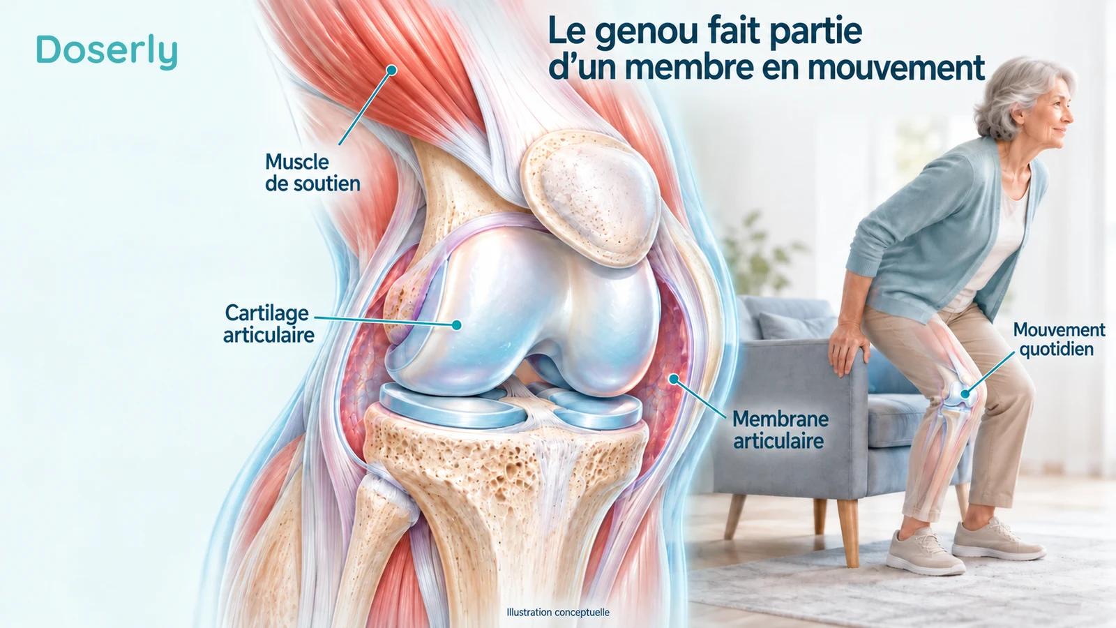 Coupe conceptuelle du genou montrant le cartilage articulaire, la membrane articulaire et les muscles environnants, à côté d’un adulte vêtu qui se lève d’une chaise.