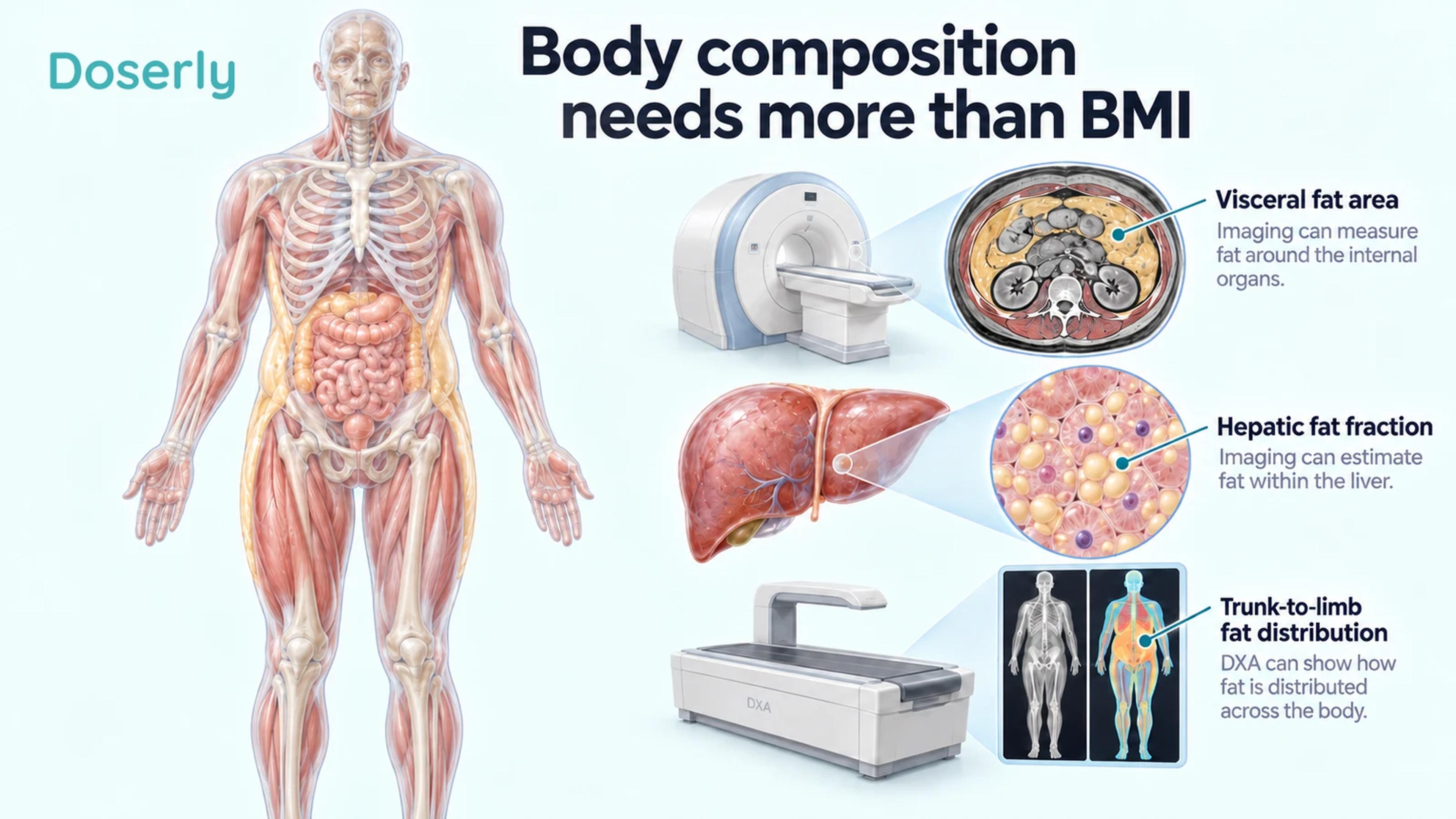 Illustrated body composition assessment combining abdominal imaging, liver-fat assessment, and whole-body regional fat measurement