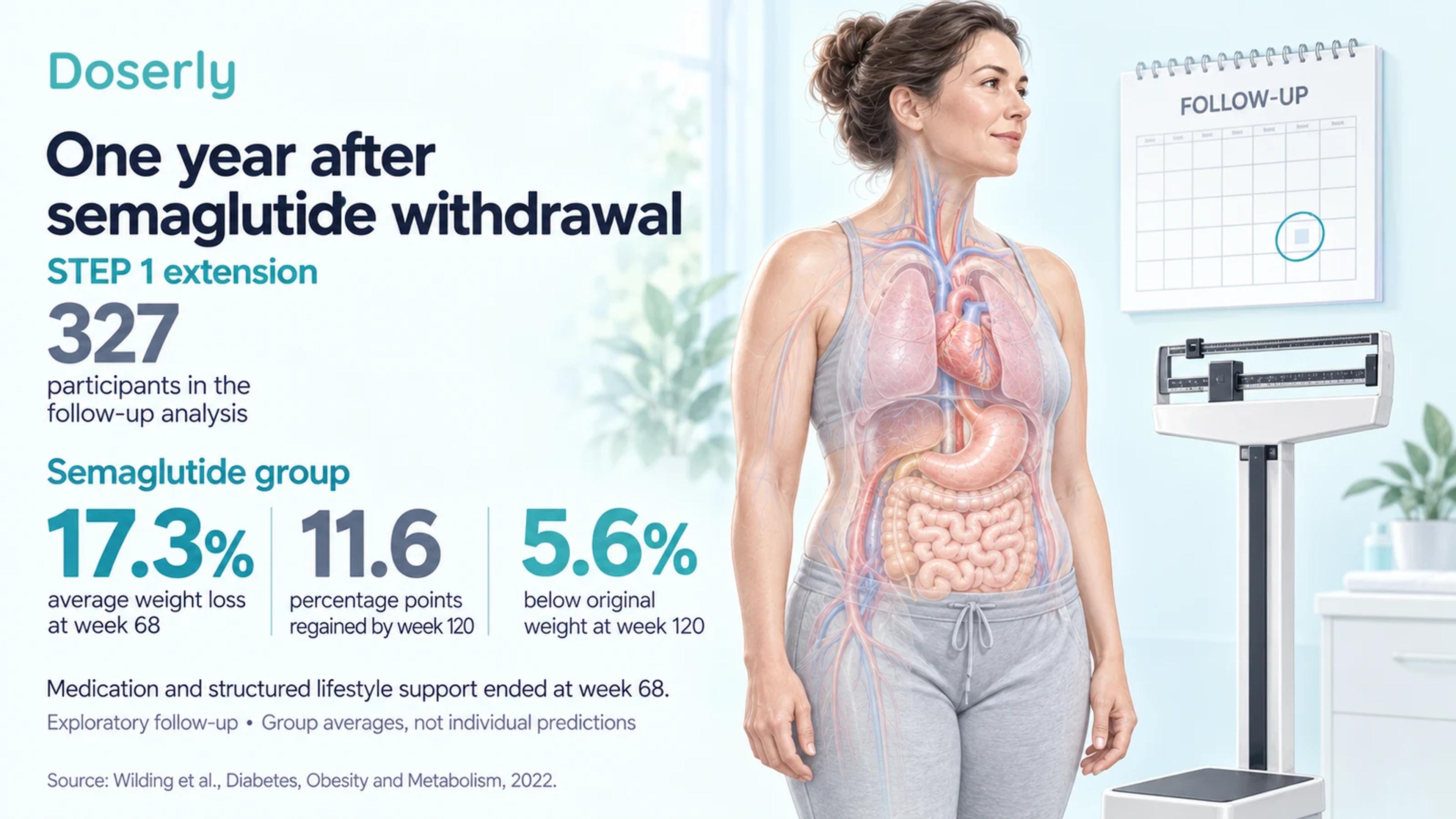 STEP 1 extension results showing 17.3% initial weight loss, 11.6 percentage points regained and 5.6% net loss, beside a scale and follow-up calendar.
