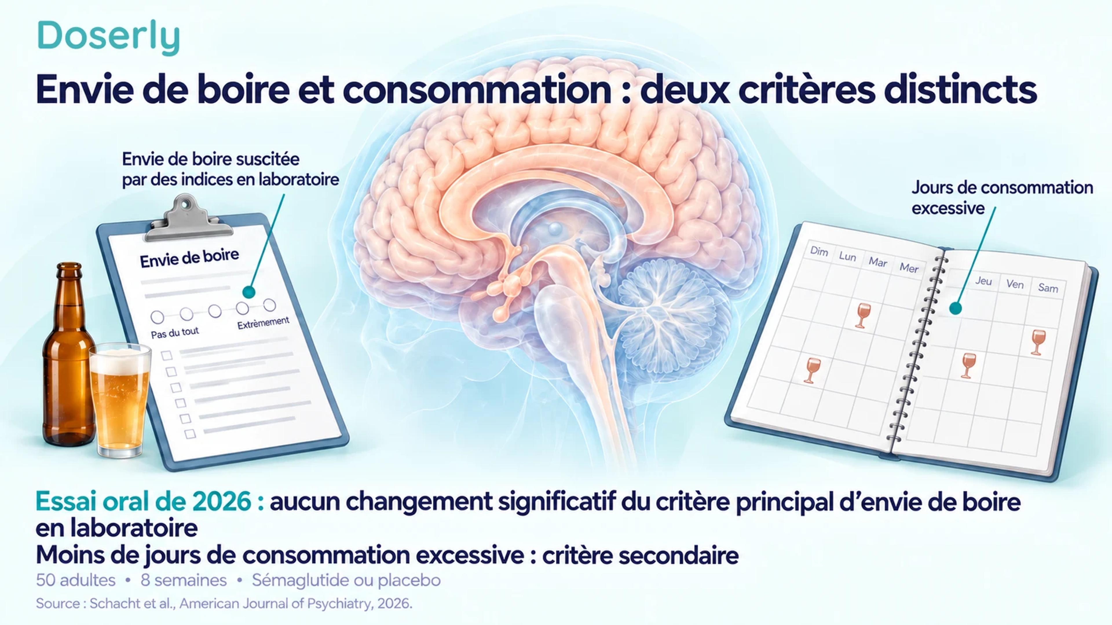 Anatomie cérébrale détaillée et neutre entre un questionnaire d’évaluation de l’envie de boire et un journal de consommation d’alcool, avec des traits de repérage pointant vers ces objets.