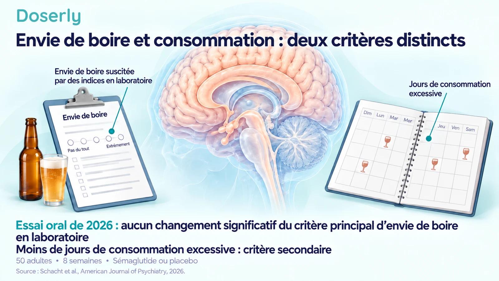Anatomie cérébrale détaillée et neutre entre un questionnaire d’évaluation de l’envie de boire et un journal de consommation d’alcool, avec des traits de repérage pointant vers ces objets.