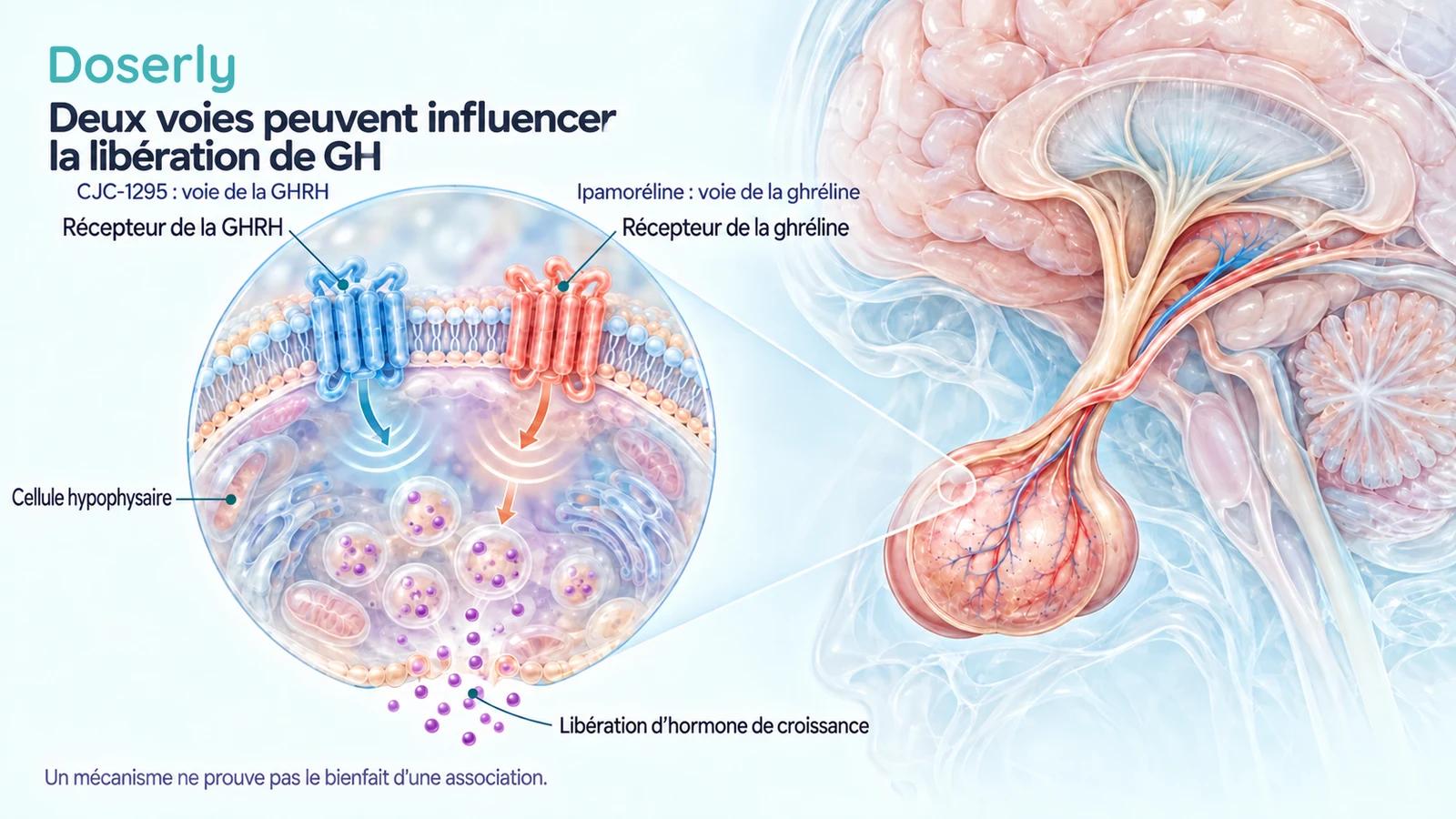 Une hypophyse et un agrandissement de membrane cellulaire illustrent les voies distinctes des récepteurs de la GHRH et de la ghréline qui participent à la libération de la GH.
