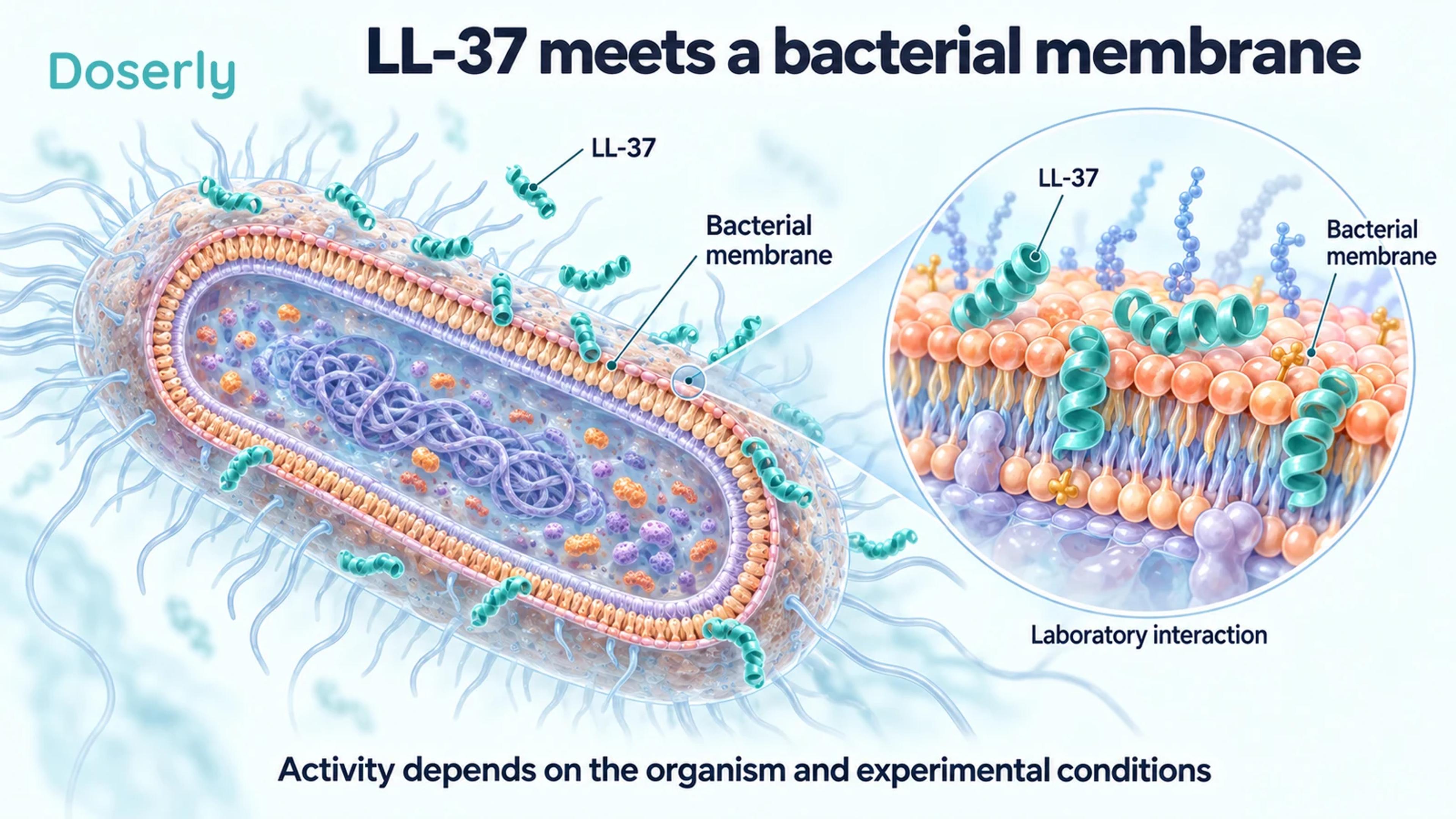 A conceptual bacterium and enlarged lipid membrane show LL-37 interacting with the membrane surface.