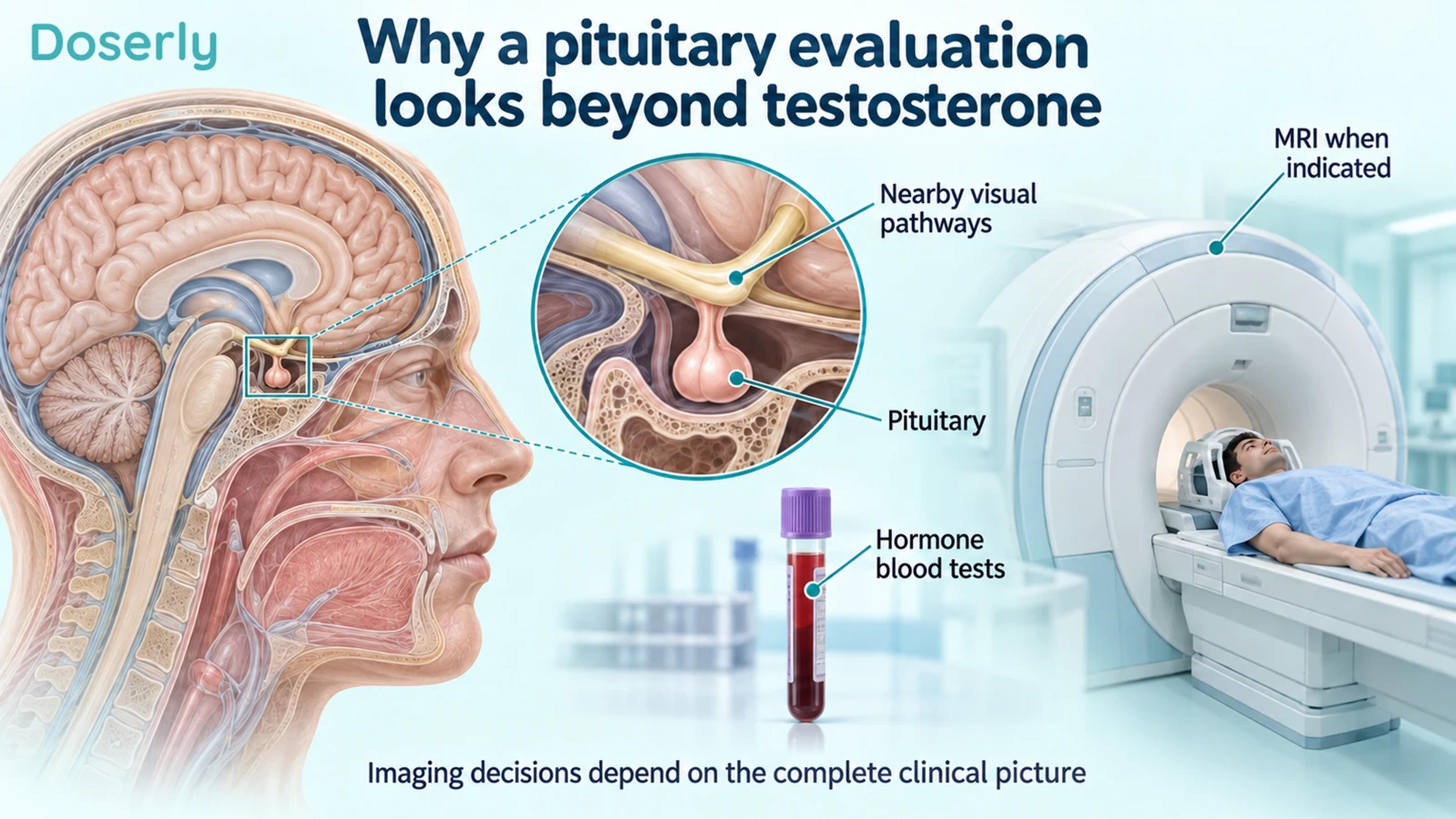 Sagittal head anatomy and an enlarged pituitary show nearby visual pathways, alongside a blood sample and MRI scanner.