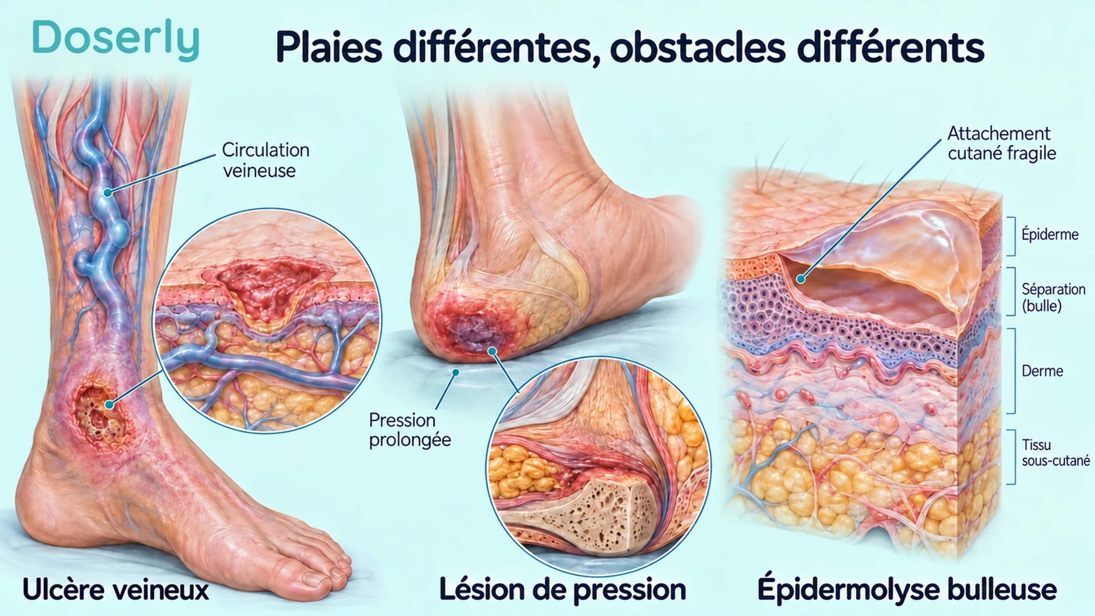 Trois illustrations anatomiques distinguent la circulation veineuse, la pression sur le talon et l’attachement fragile entre les couches de la peau.