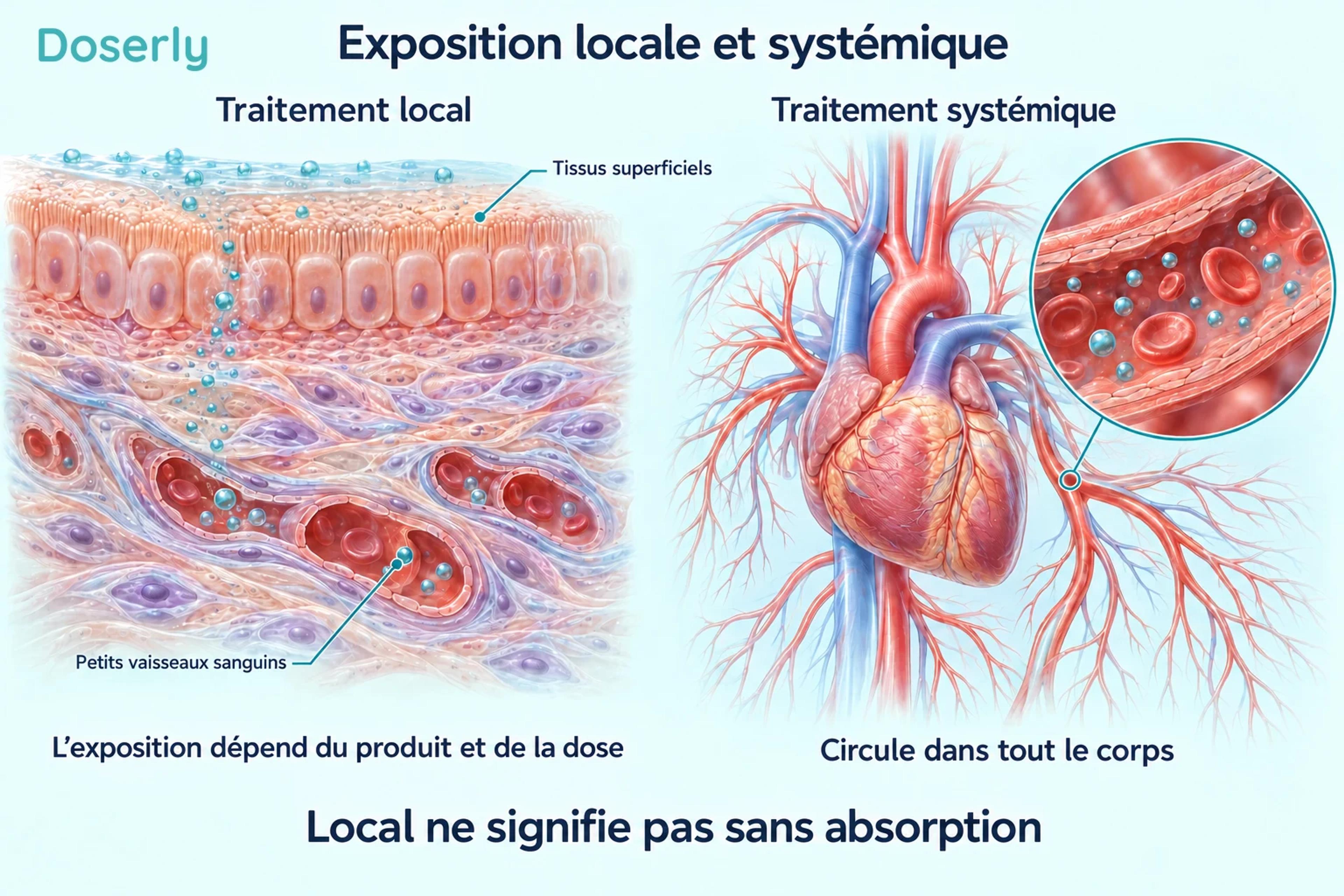 Des tissus superficiels et des capillaires à côté d’un cœur et de la circulation expliquent l’exposition locale et systémique.
