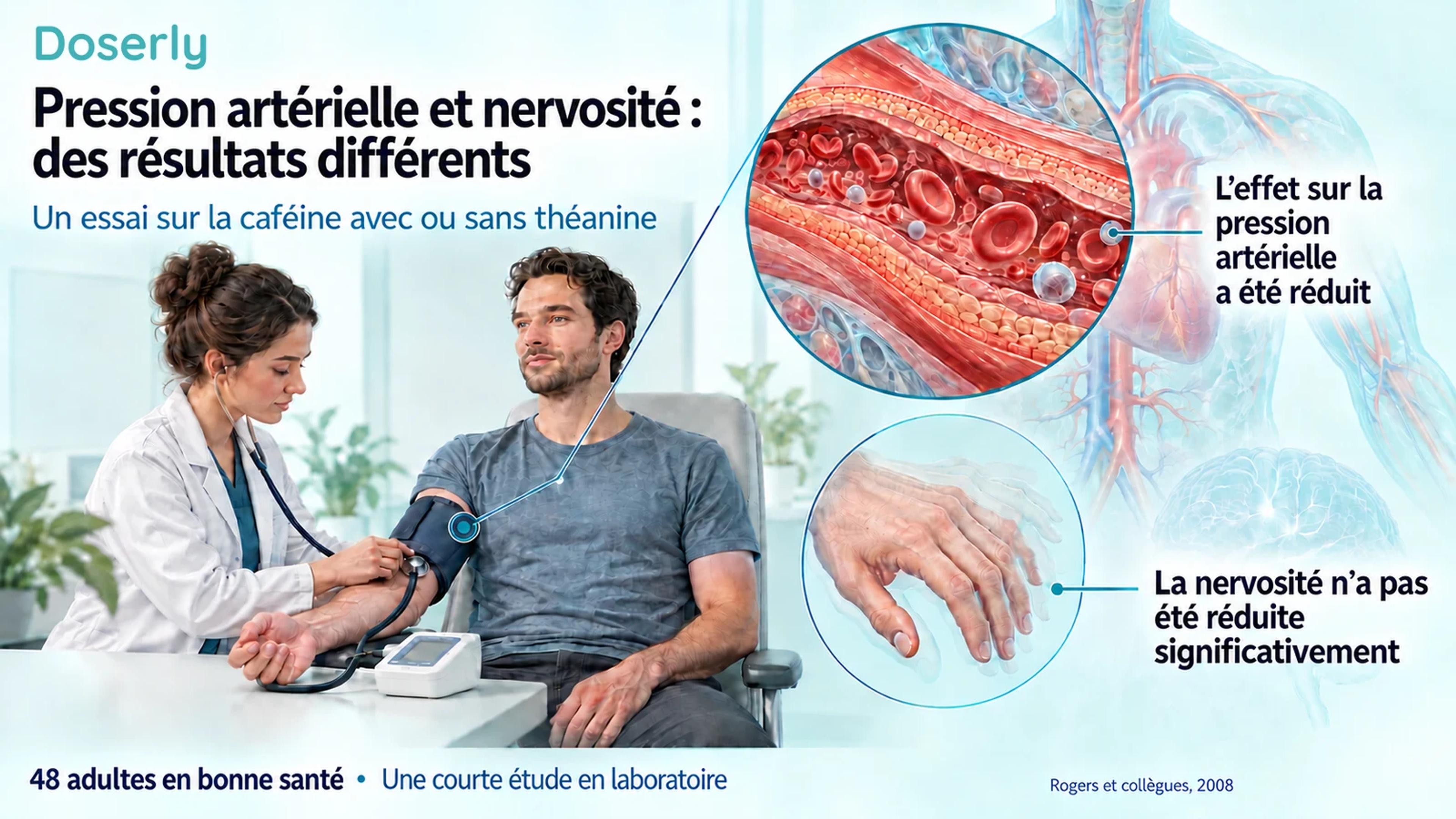 Une mesure de pression artérielle avec des illustrations agrandies d’une artère et d’une main distingue le résultat sur la pression artérielle de celui sur la nervosité.