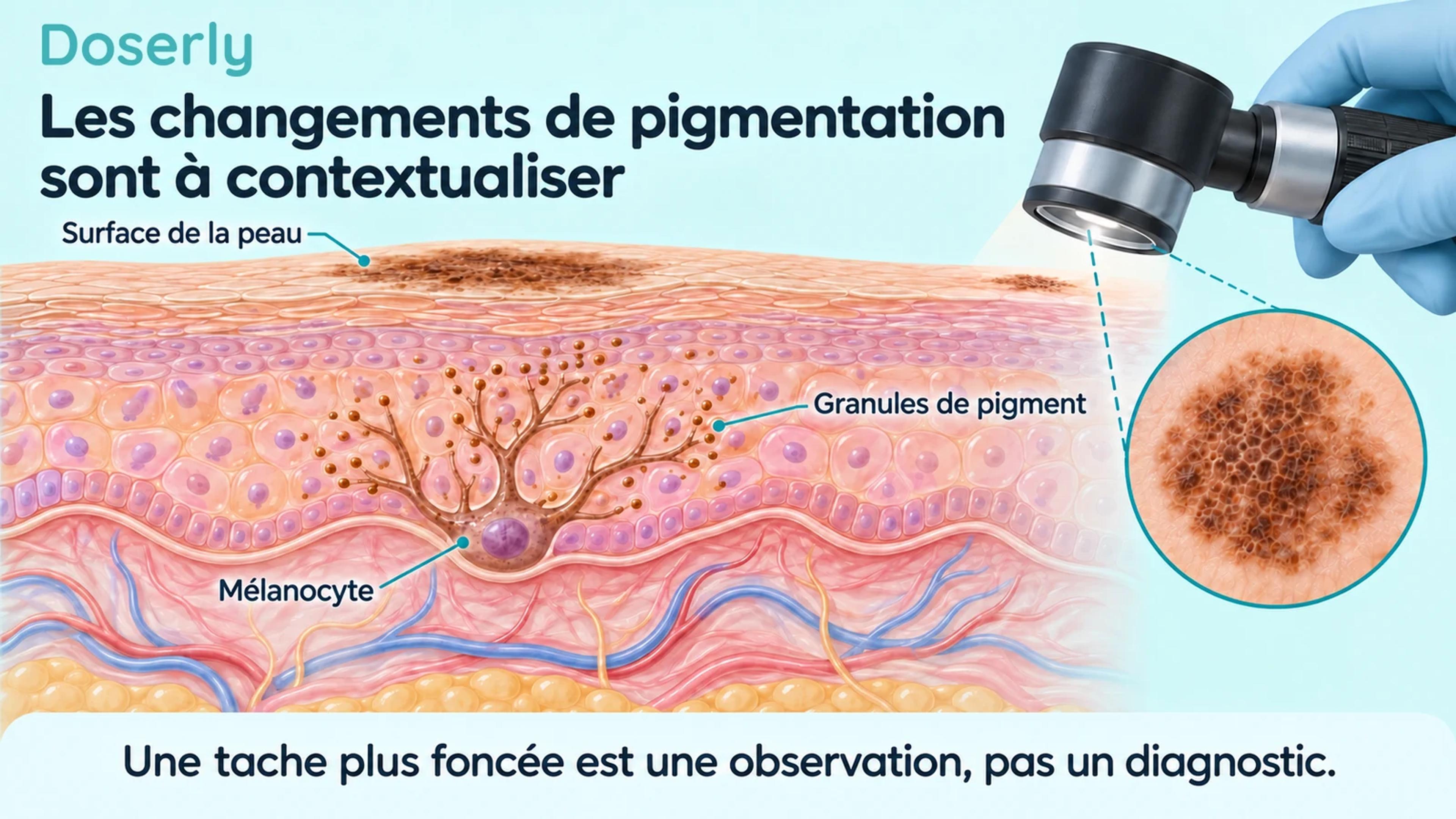 Coupe de la peau montrant les cellules productrices de pigment et un dermatoscope illustré qui examine une tache à la surface.