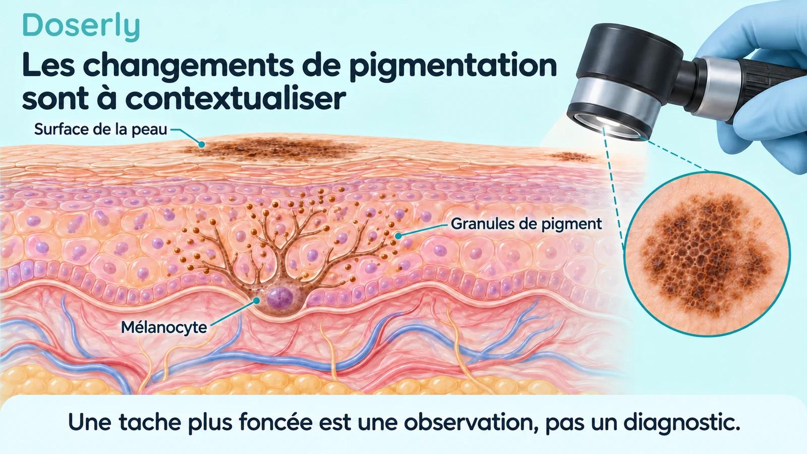 Coupe de la peau montrant les cellules productrices de pigment et un dermatoscope illustré qui examine une tache à la surface.