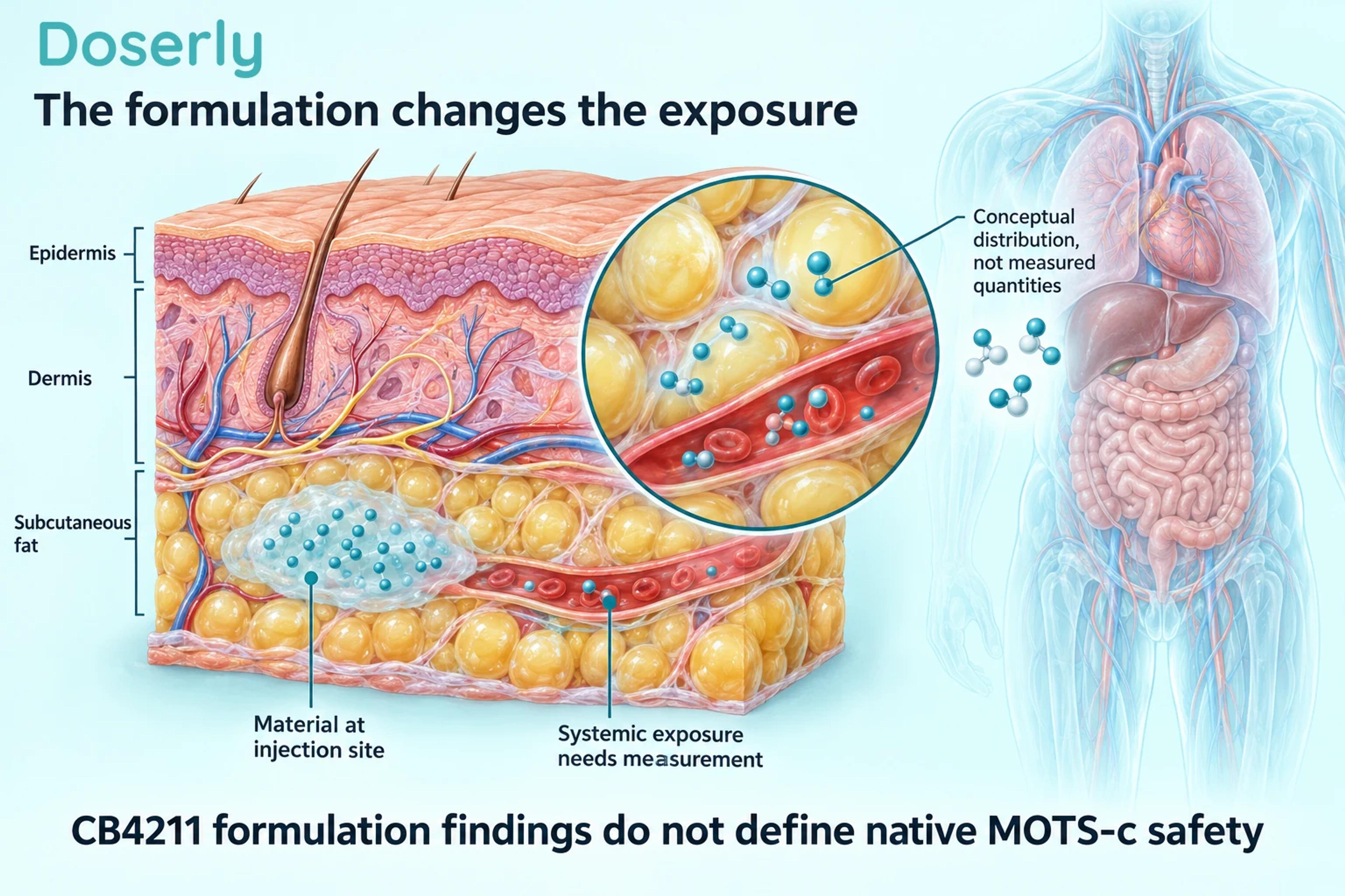 A detailed skin cross-section shows a conceptual local deposit in subcutaneous tissue beside a small blood vessel.
